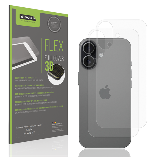 Matte Displayschutzfolie von dipos passend für Apple iPhone 17 Rückseite, 100% Displayabdeckung und blasenfreie Montage