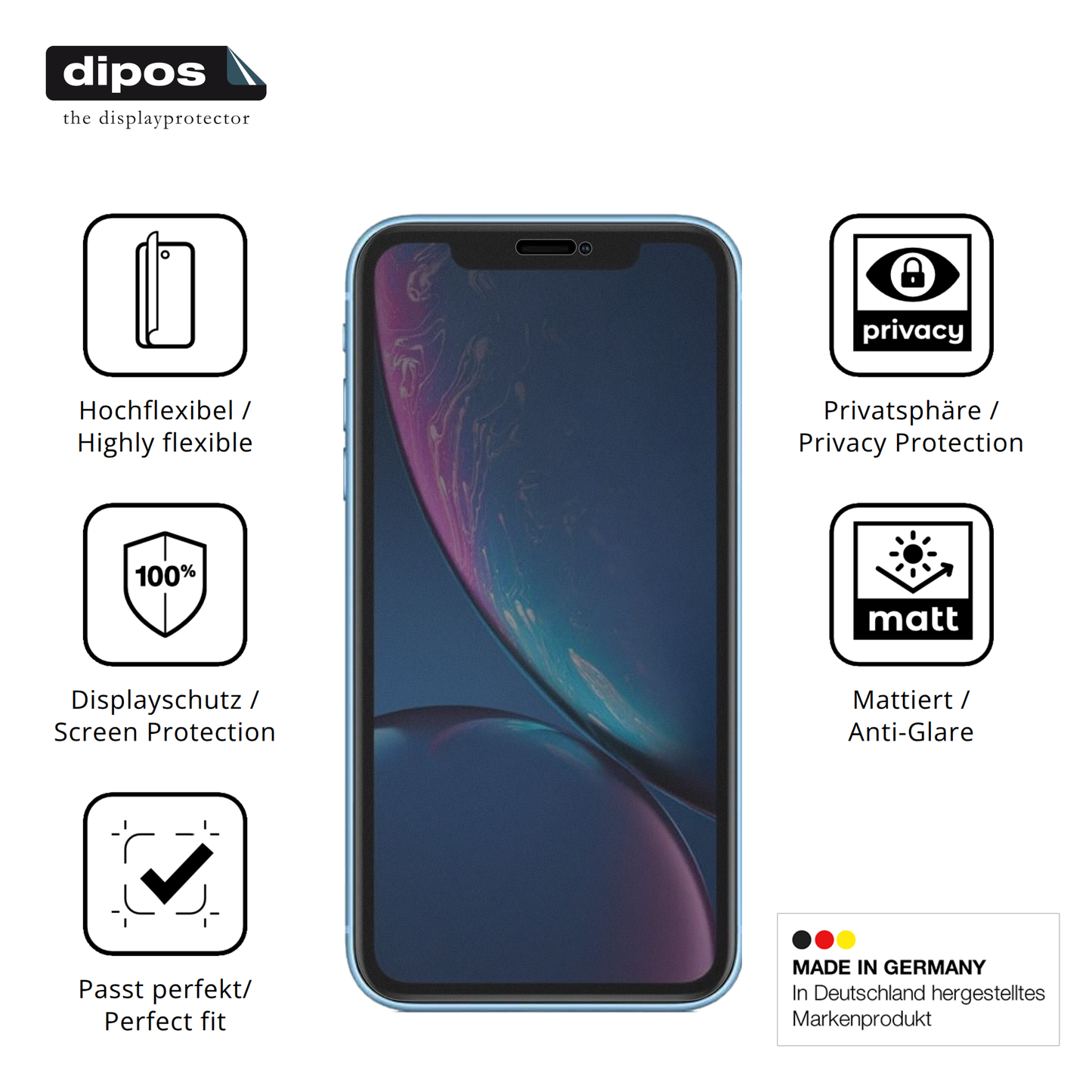 Flexible TPU-Folie passend zugeschnitten für Apple iPhone XR, mit Privatsphäre-Schutz durch Sichtschutz-Folie