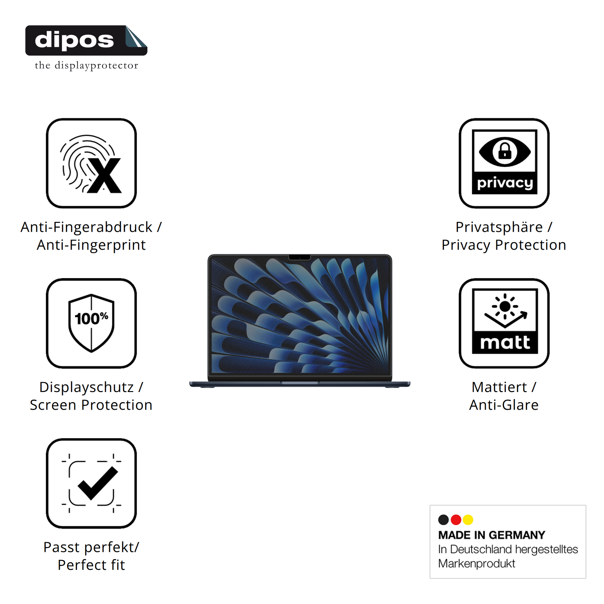 Privatsphäre-Schutz durch Sichtschutz-Folie passend zugeschnitten für Apple MacBook Air M3 13.6 Zoll 2024