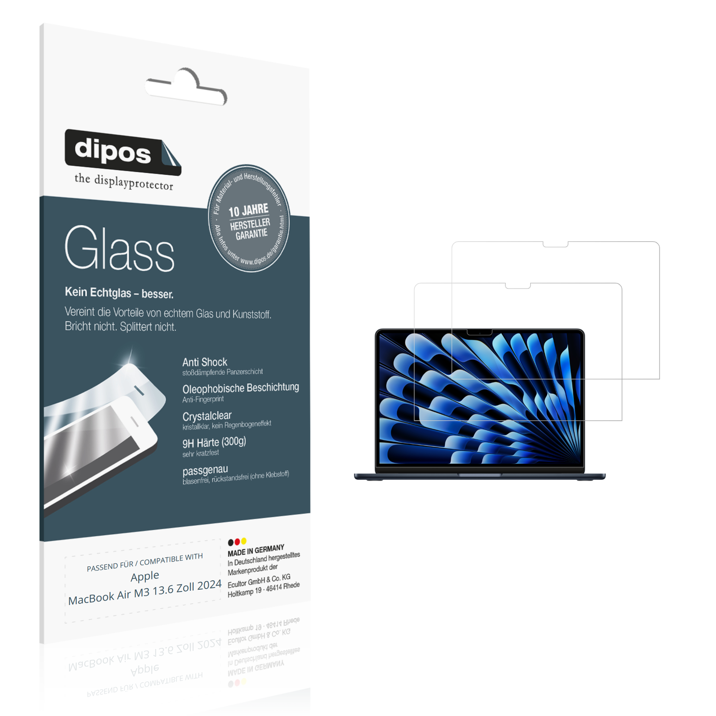 Klare Displayschutzfolie von dipos passend für Apple MacBook Air M3 13.6 Zoll 2024, 9H kratzfest und blasenfrei montiert