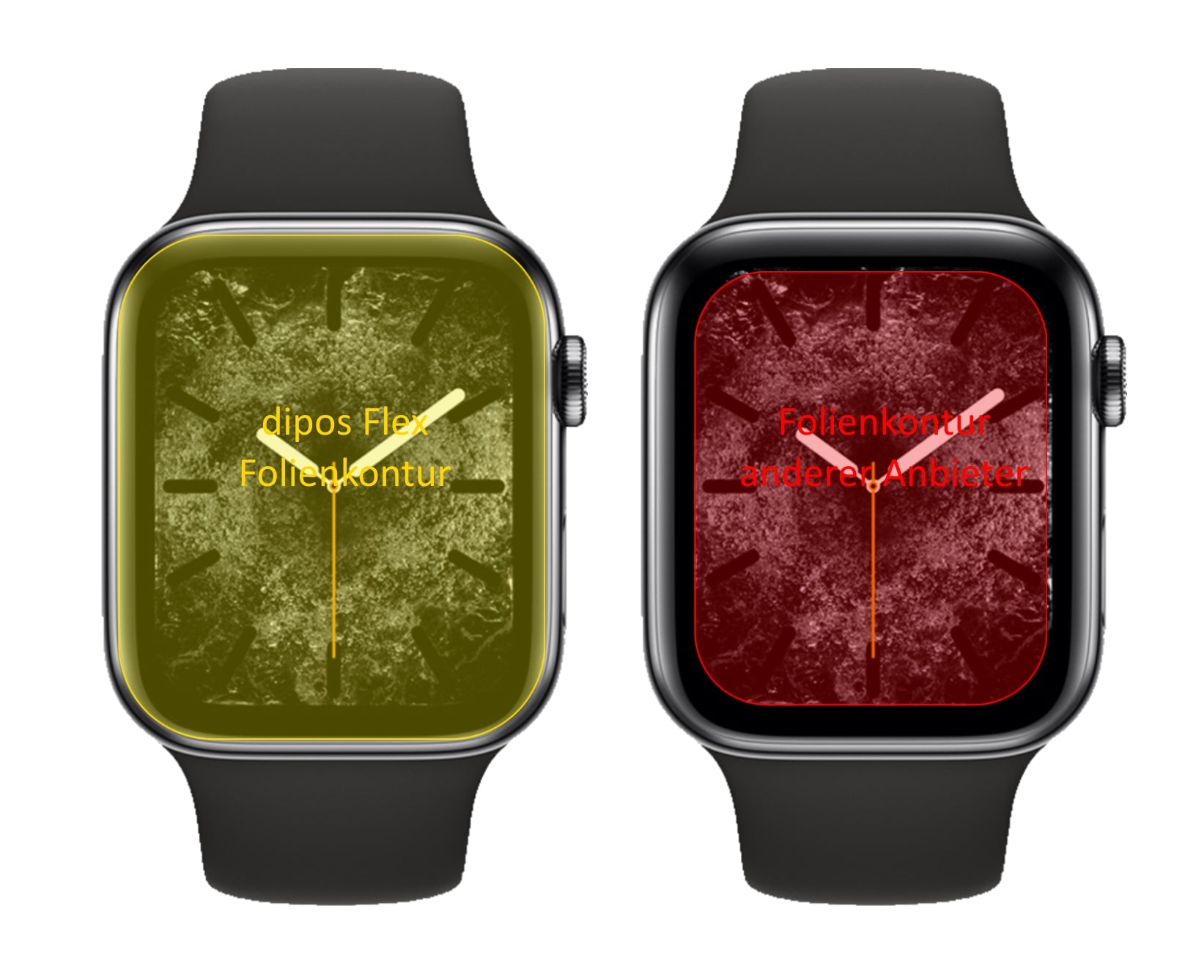 AppleWatch Series 5 (44mm) mit aufgebrachter dipos Displayschutzfolie, glasklare Darstellung ohne Einschränkungen