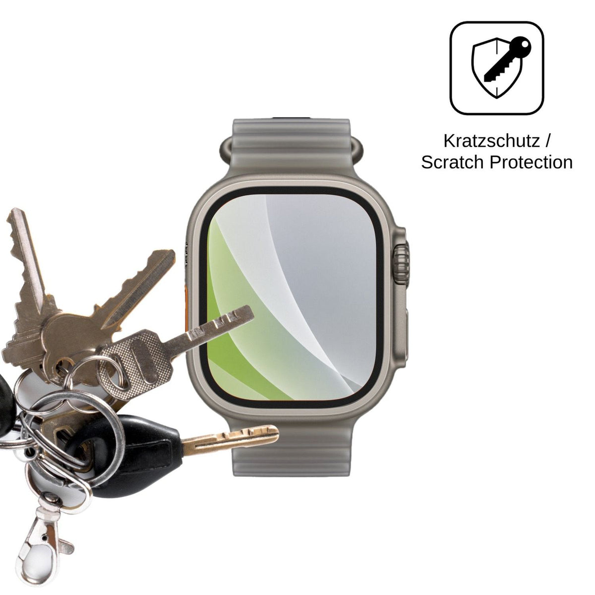 Schutz gegen Kratzer auf dem Apple Watch Ultra 4 Glas durch Schlüssel oder Ähnliches