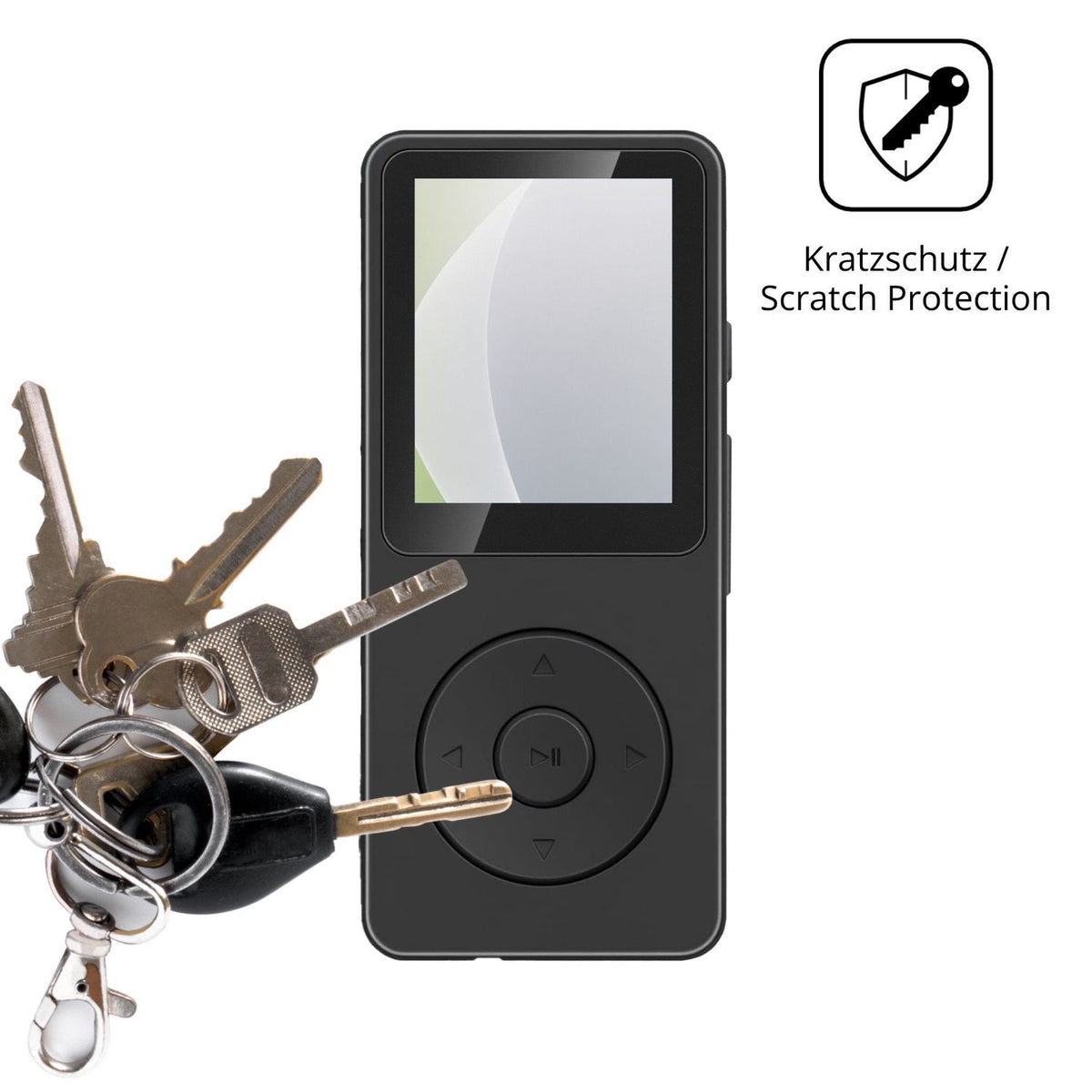 Schutz gegen Kratzer auf dem Aroeally MP3-01F Glas durch Schlüssel oder Ähnliches