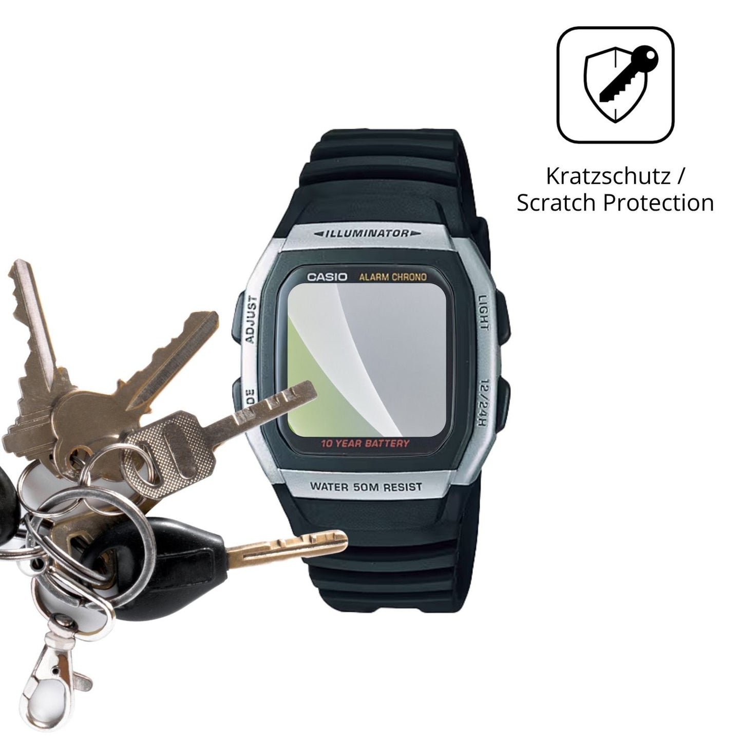 Schutz gegen Kratzer auf dem Casio W-96H-1AV Glas durch Schlüssel oder Ähnliches
