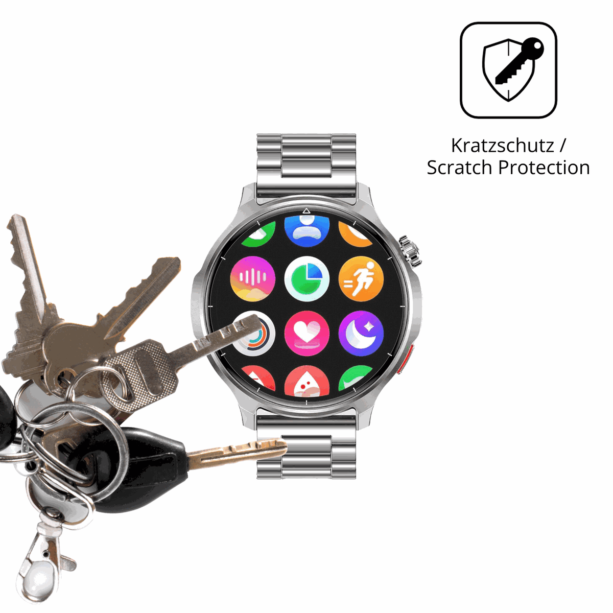 Schutz gegen Kratzer auf dem Fitdafit 1.52 Zoll Smartwatch Glas durch Schlüssel oder Ähnliches
