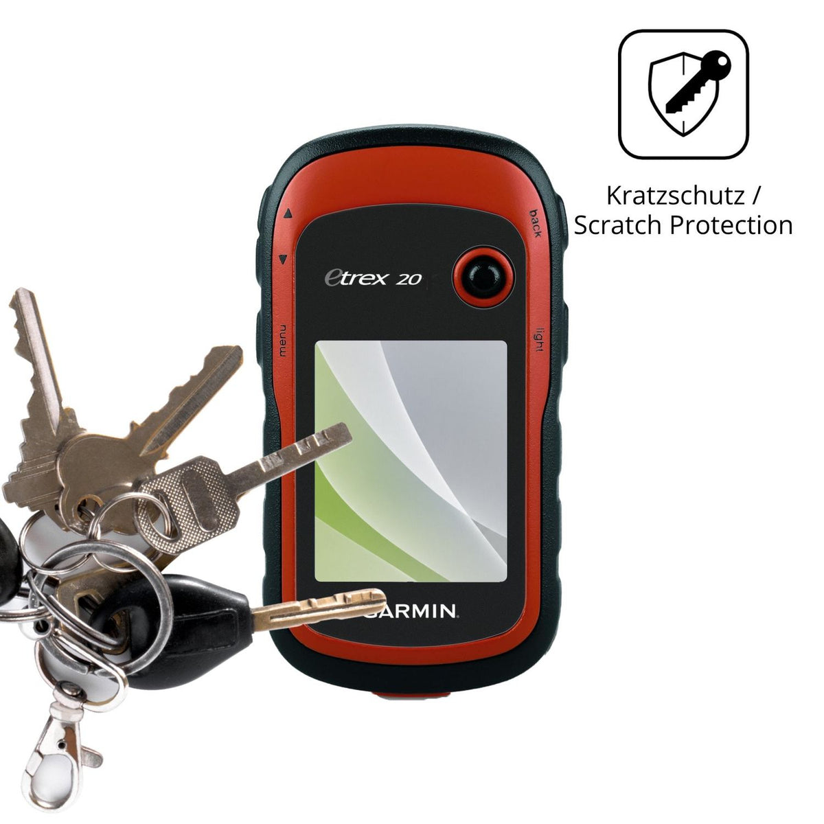 Schutz gegen Kratzer auf dem Garmin eTrex 20 Glas durch Schlüssel oder Ähnliches