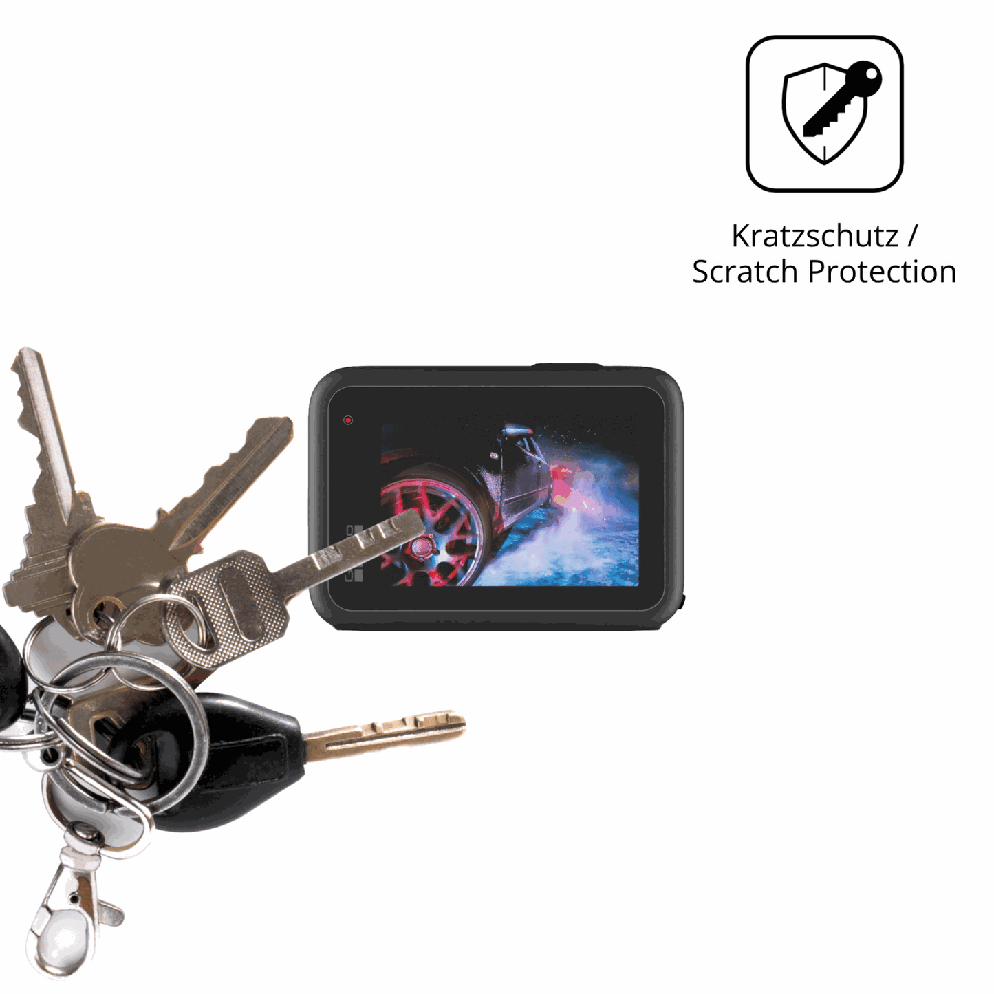 Schutz gegen Kratzer auf dem GoPro HERO9 Glas durch Schlüssel oder Ähnliches