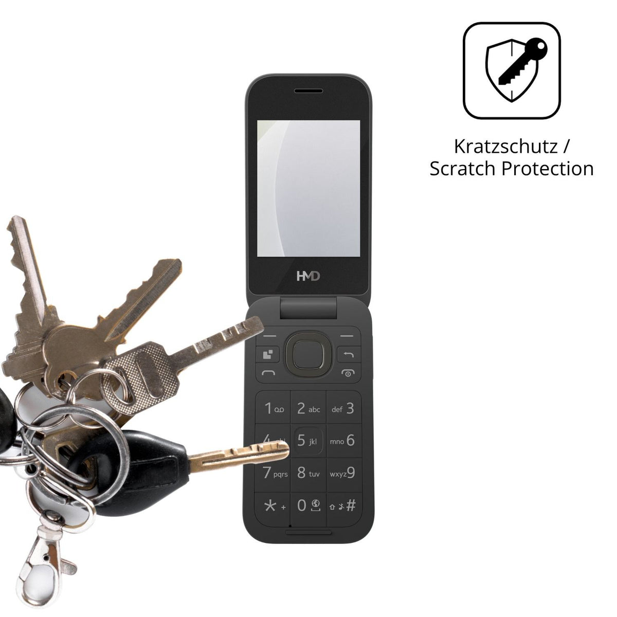 Schutz gegen Kratzer auf dem HMD 2660 Flip 4G Glas durch Schlüssel oder Ähnliches