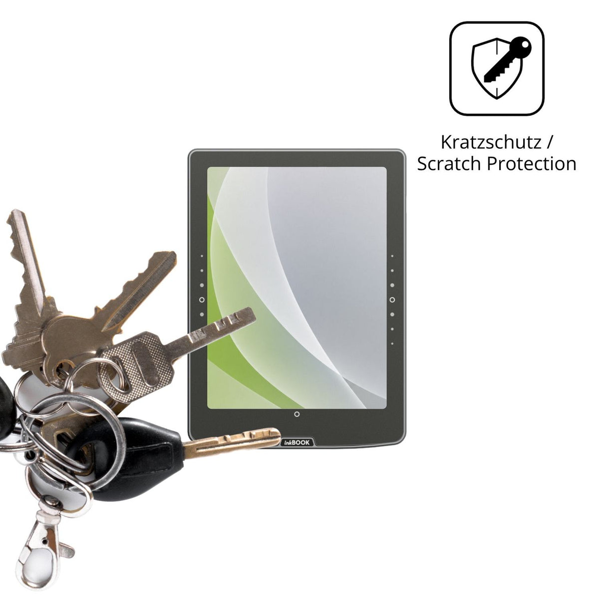 Schutz gegen Kratzer auf dem inkBOOK Solaris Glas durch Schlüssel oder Ähnliches