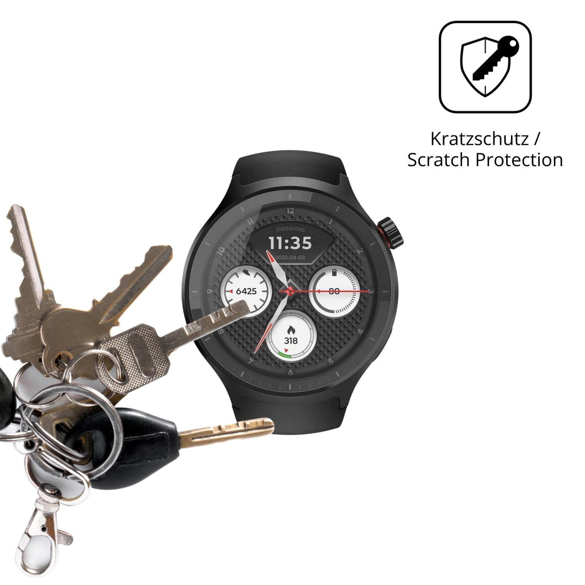 Schutz gegen Kratzer auf dem Motorola Moto Watch 2026 Glas durch Schlüssel oder Ähnliches