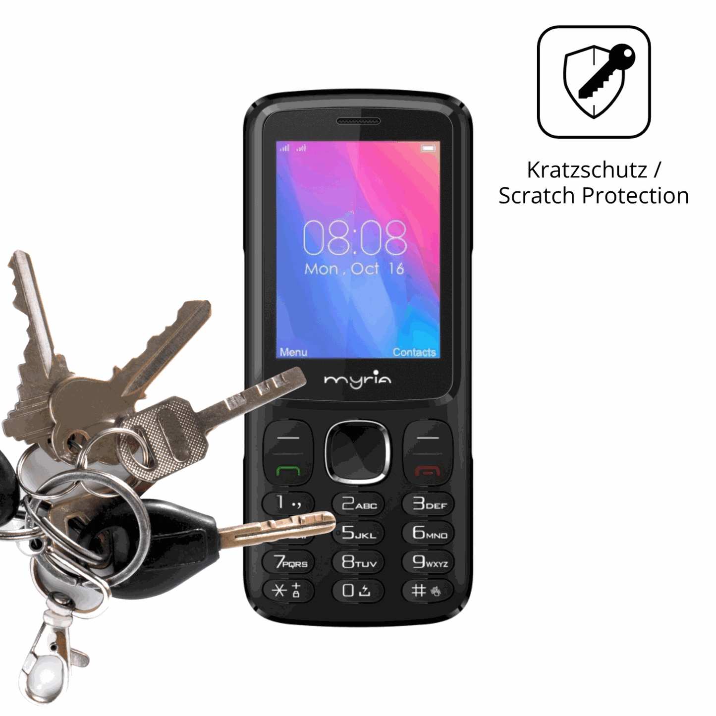 Schutz gegen Kratzer auf dem Myria Endless 3G Glas durch Schlüssel oder Ähnliches