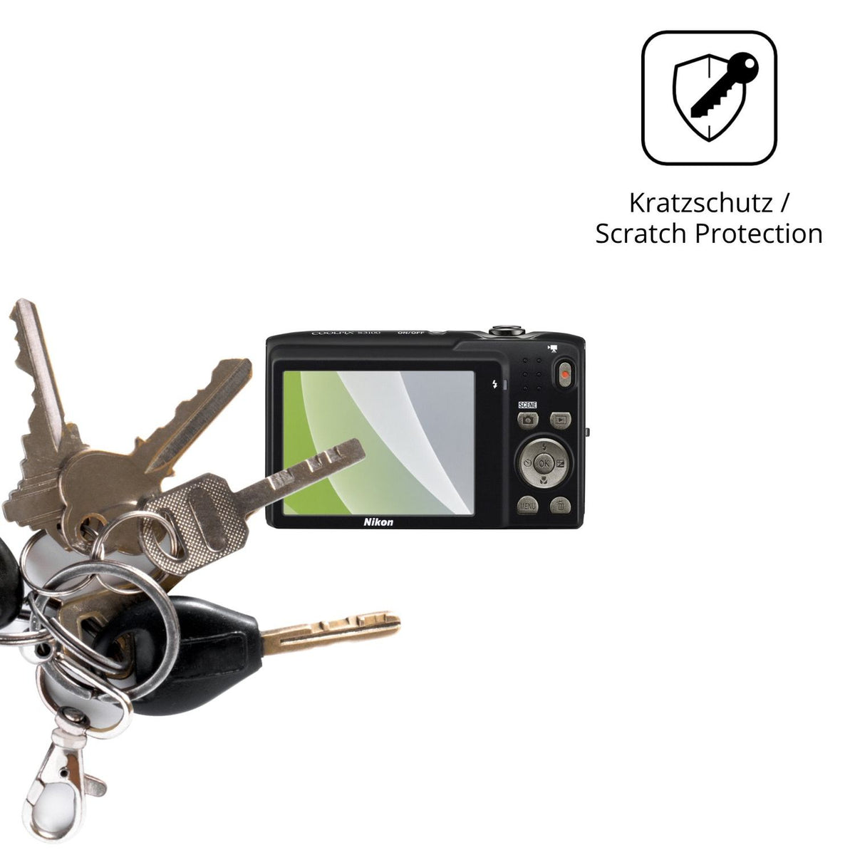Schutz gegen Kratzer auf dem Nikon Coolpix S3100 Glas durch Schlüssel oder Ähnliches