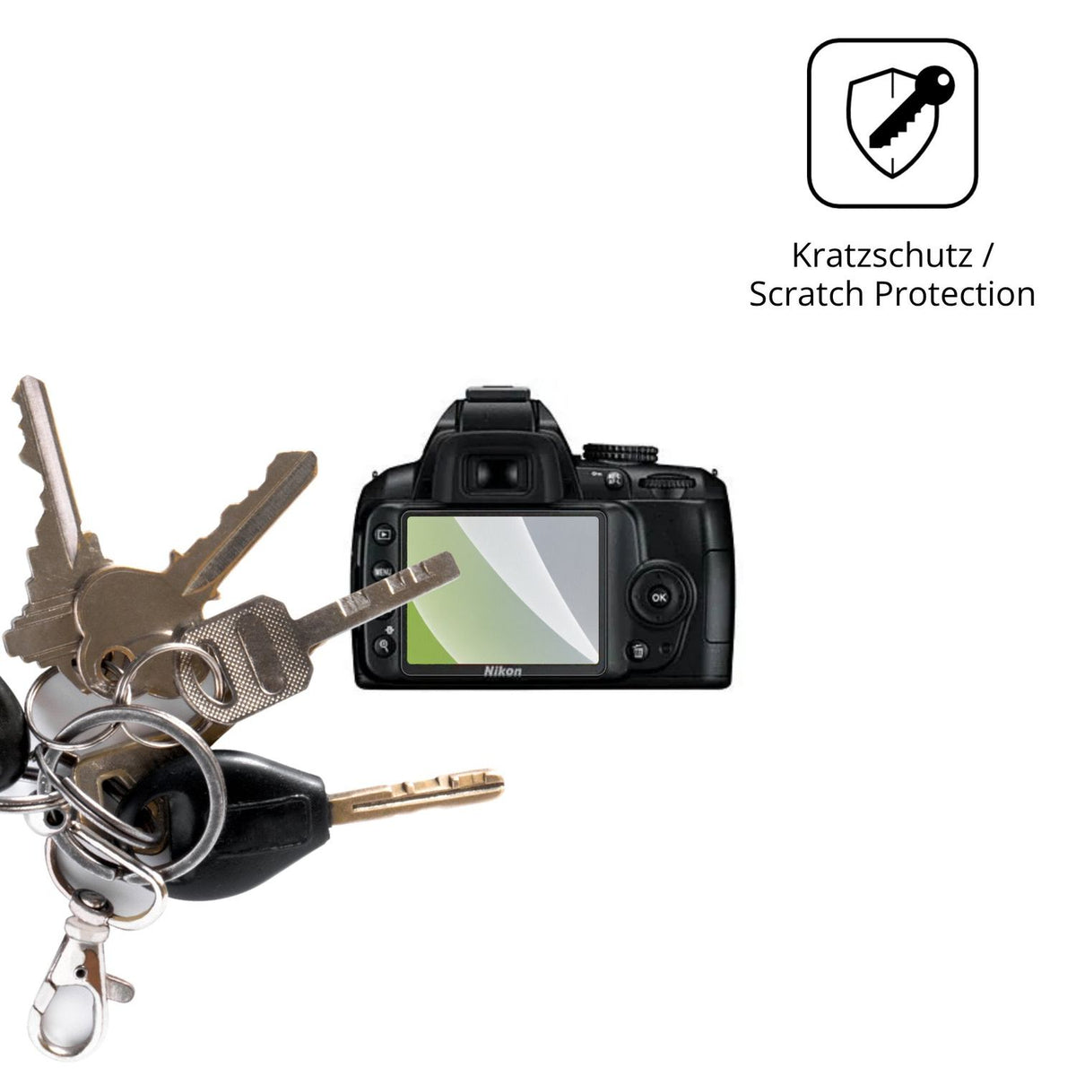 Schutz gegen Kratzer auf dem Nikon D3000 Glas durch Schlüssel oder Ähnliches