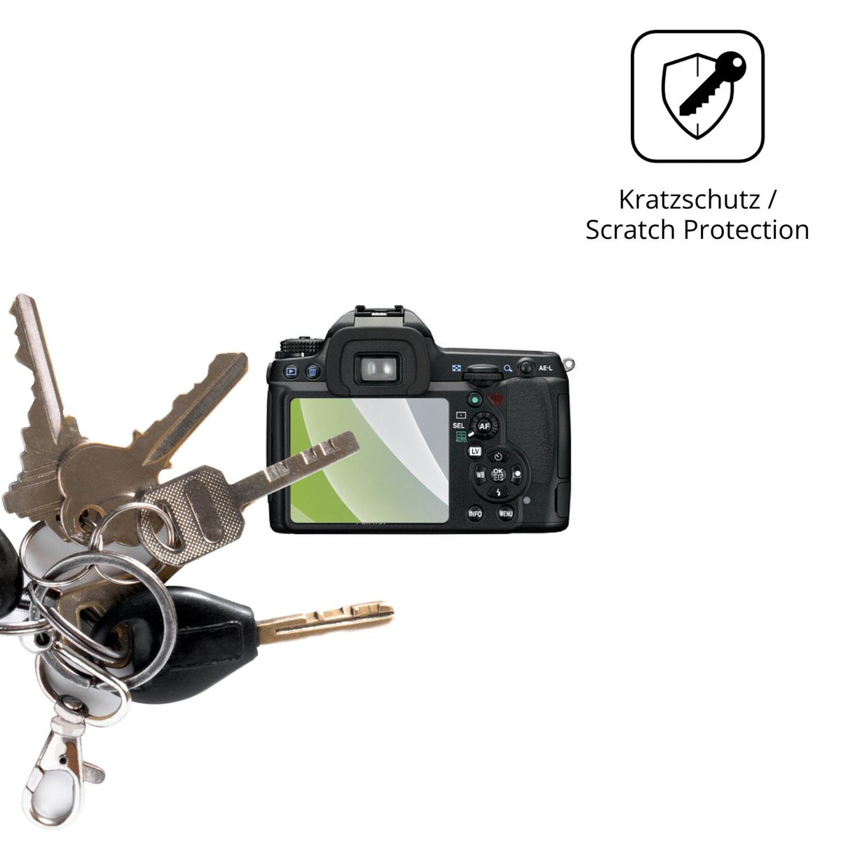 Schutz gegen Kratzer auf dem Pentax K7 Glas durch Schlüssel oder Ähnliches