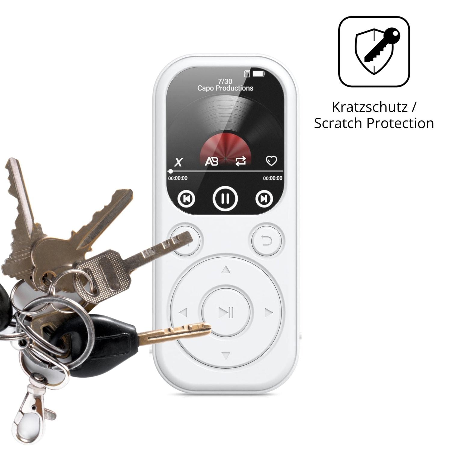 Schutz gegen Kratzer auf dem RWSRW MP301-BS MP3-Player Glas durch Schlüssel oder Ähnliches