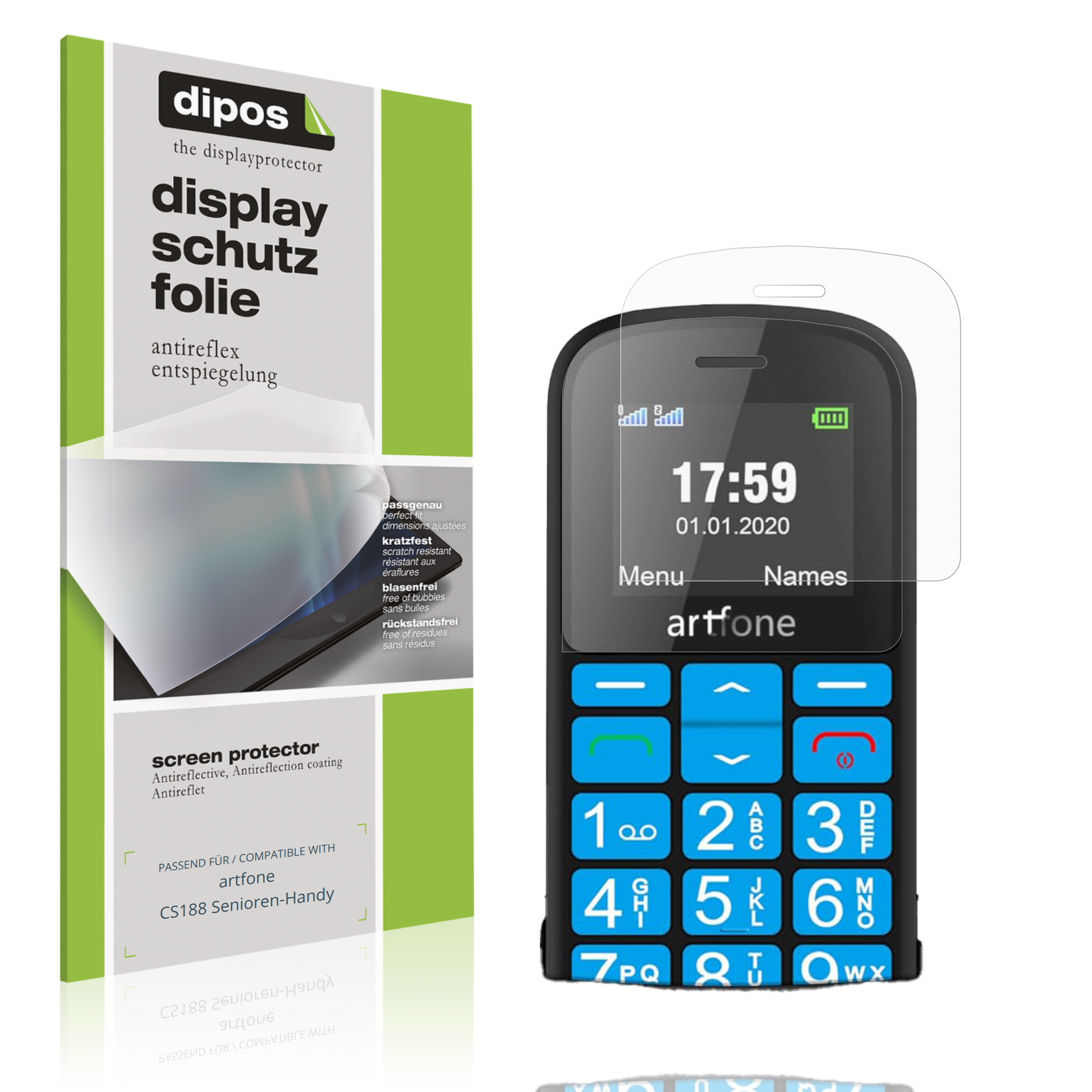 Matte Displayschutzfolie von dipos passend für artfone CS188 Senioren-Handy, präziser Zuschnitt und blasenfrei montiert