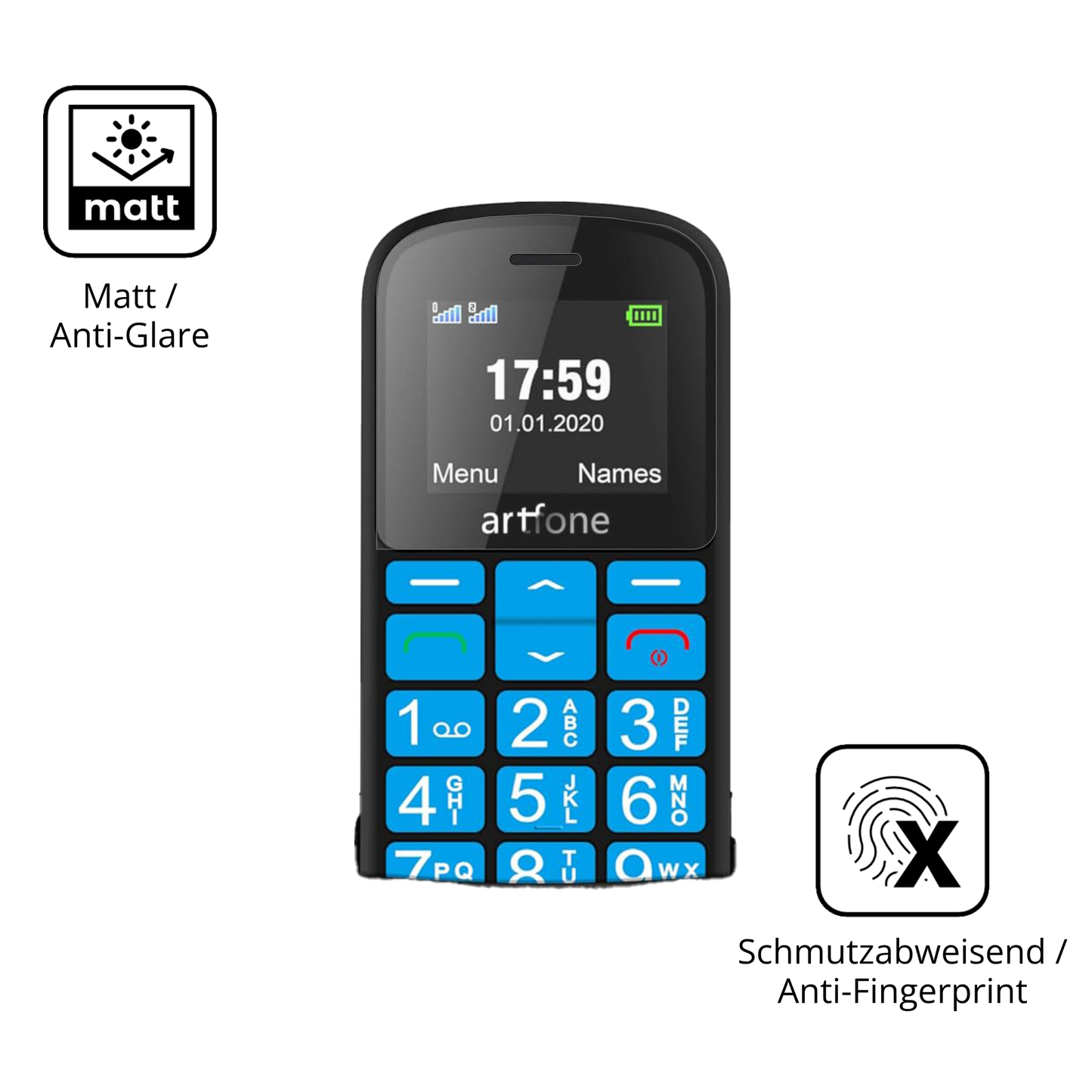 Dünne und entspiegelnde Folie passend zugeschnitten für artfone CS188 Senioren-Handy