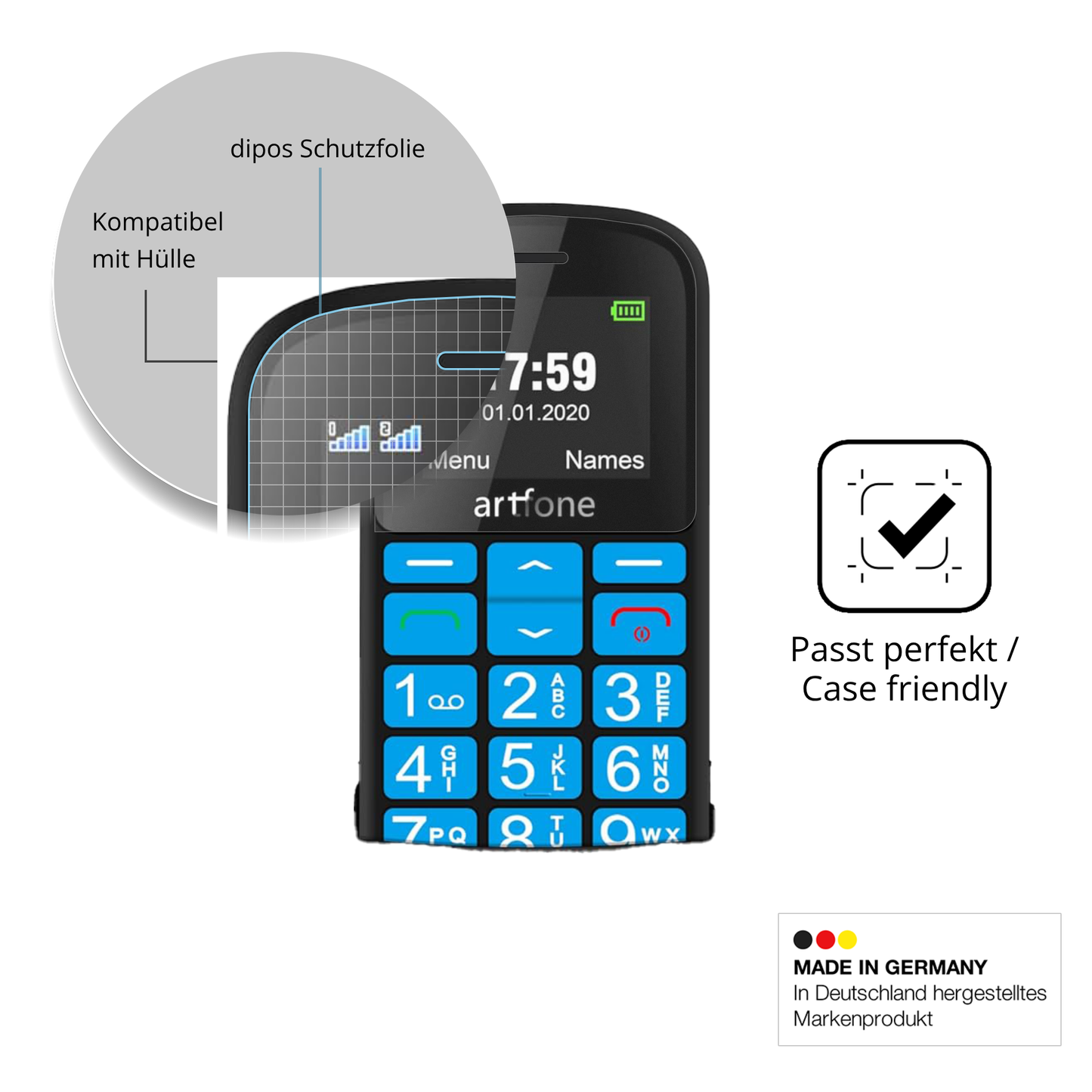 Schutzfolie mit optimaler Passform, zur Verwendung mit Hüllen geeignet