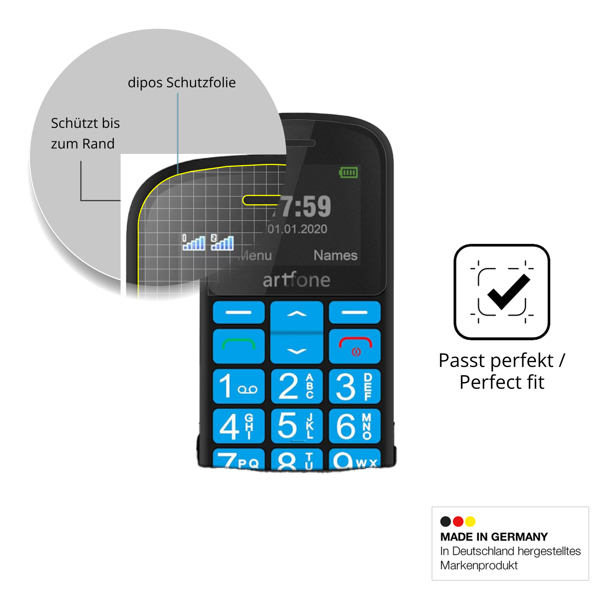 Schutz gegen Kratzer auf dem artfone CS188 Senioren-Handy Glas durch Schlüssel oder Ähnliches