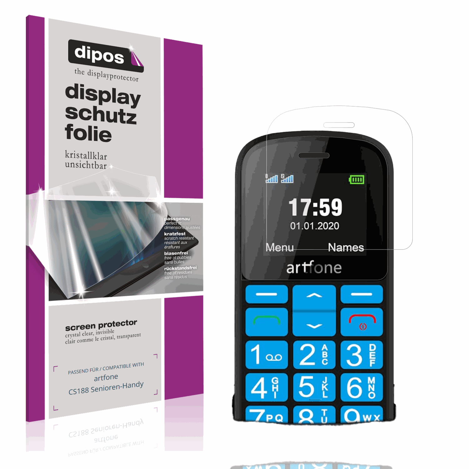 Klare Displayschutzfolie von dipos passend für artfone CS188 Senioren-Handy, präziser Zuschnitt und blasenfrei montiert