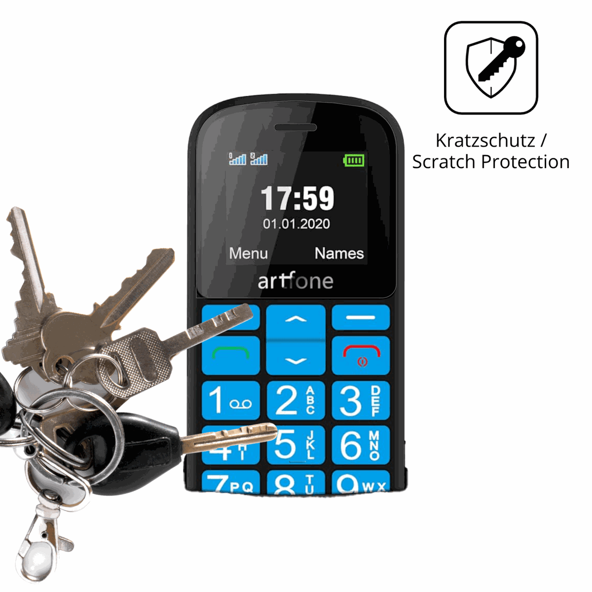 Schutz gegen Kratzer auf dem artfone CS188 Senioren-Handy Glas durch Schlüssel oder Ähnliches