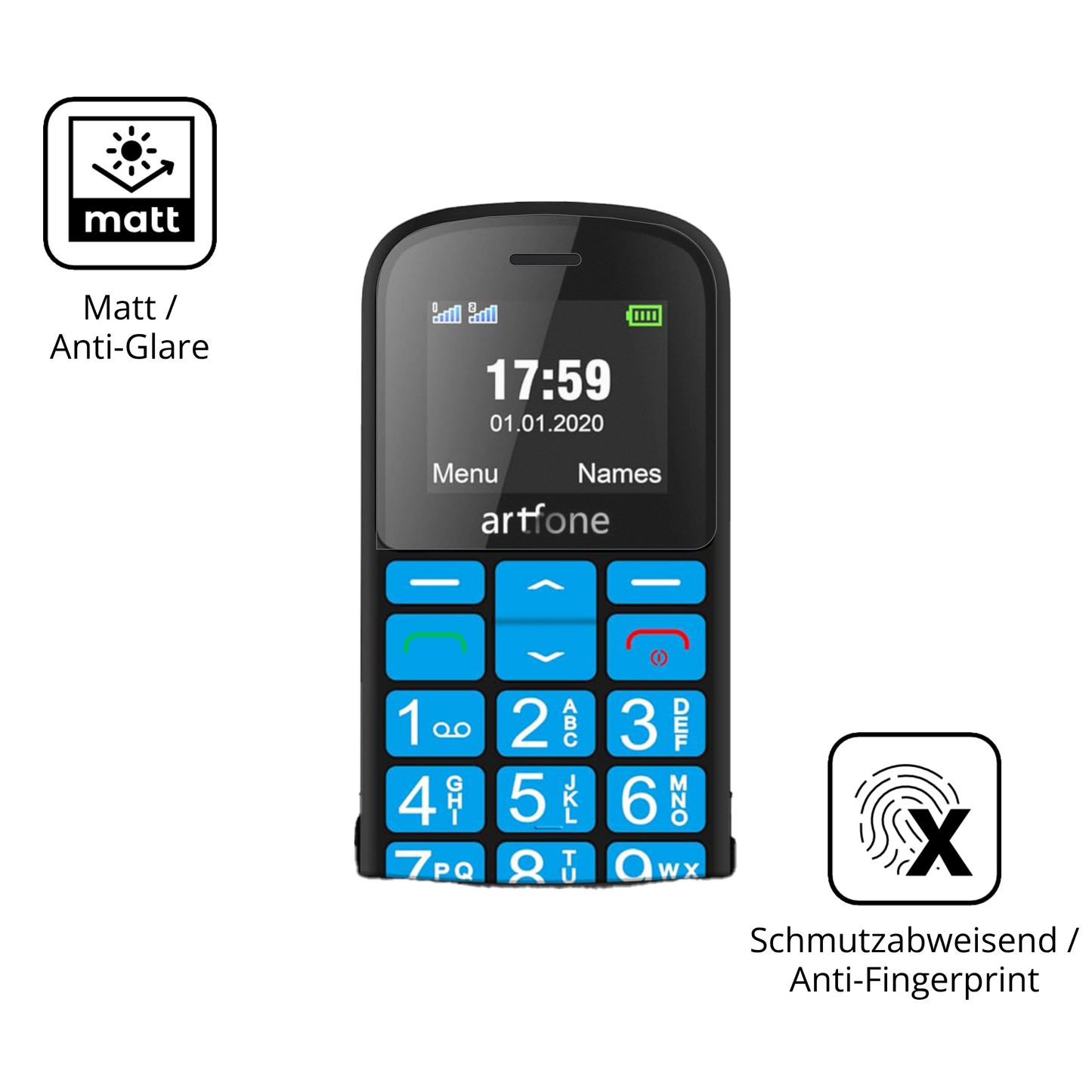 9H Hartbeschichtete, flexible Folie passend zugeschnitten für artfone CS188 Senioren-Handy