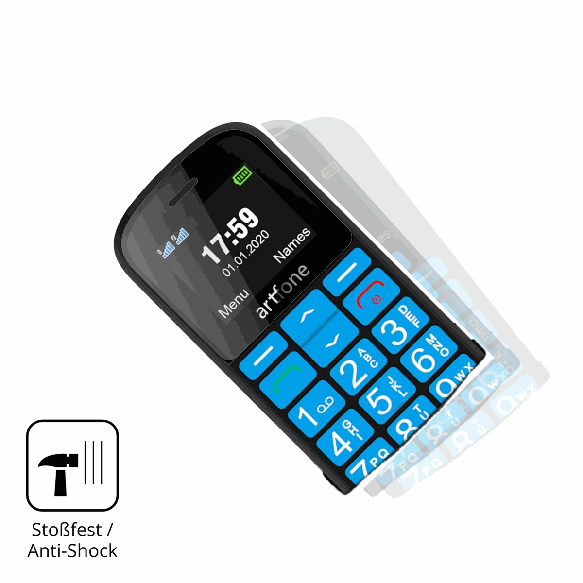 Schutz gegen Kratzer auf dem artfone CS188 Senioren-Handy Glas durch Schlüssel, Stöße gegen die Tischkante oder Stürze