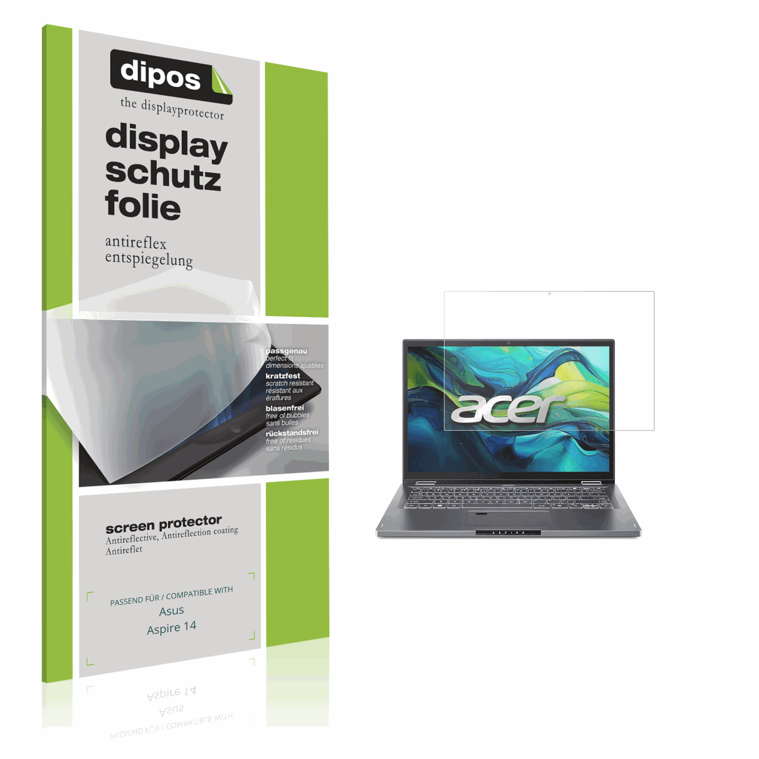Matte Displayschutzfolie von dipos passend für Asus Aspire 14, präziser Zuschnitt und blasenfrei montiert