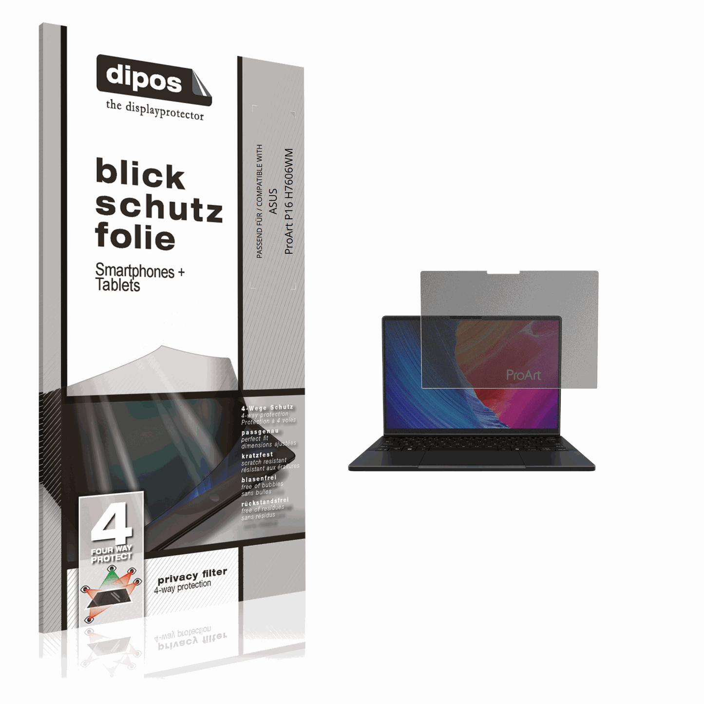Blickschutzfolie von dipos passend für ASUS ProArt P16 H7606WM, präziser Zuschnitt und blasenfrei montiert