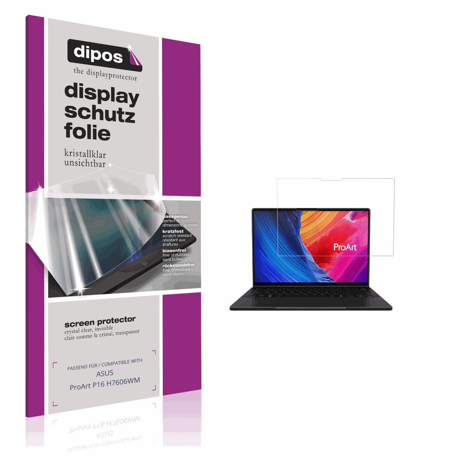 Klare Displayschutzfolie von dipos passend für ASUS ProArt P16 H7606WM, präziser Zuschnitt und blasenfrei montiert