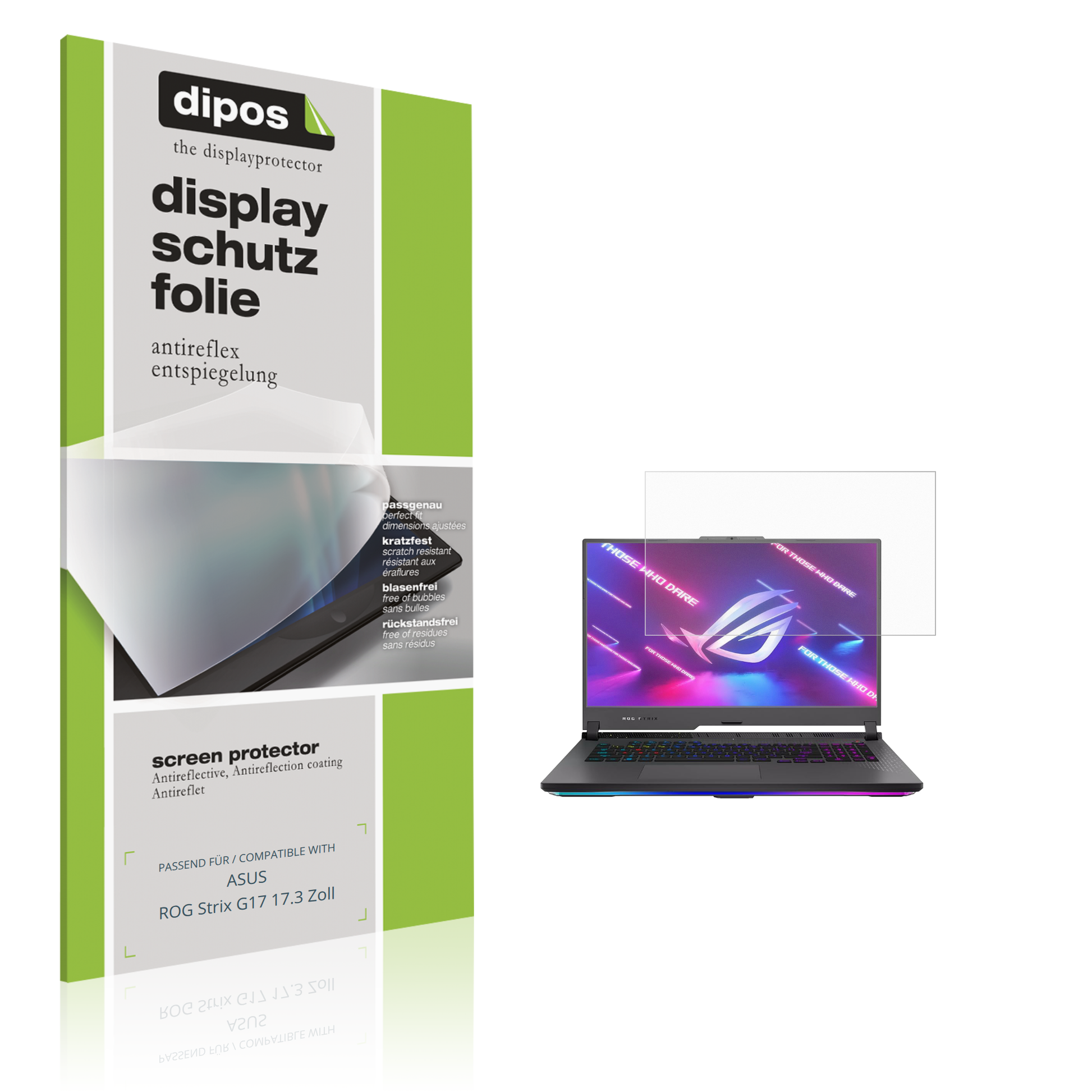 Matte Displayschutzfolie von dipos passend für ASUS ROG Strix G17 17.3 Zoll, präziser Zuschnitt und blasenfrei montiert