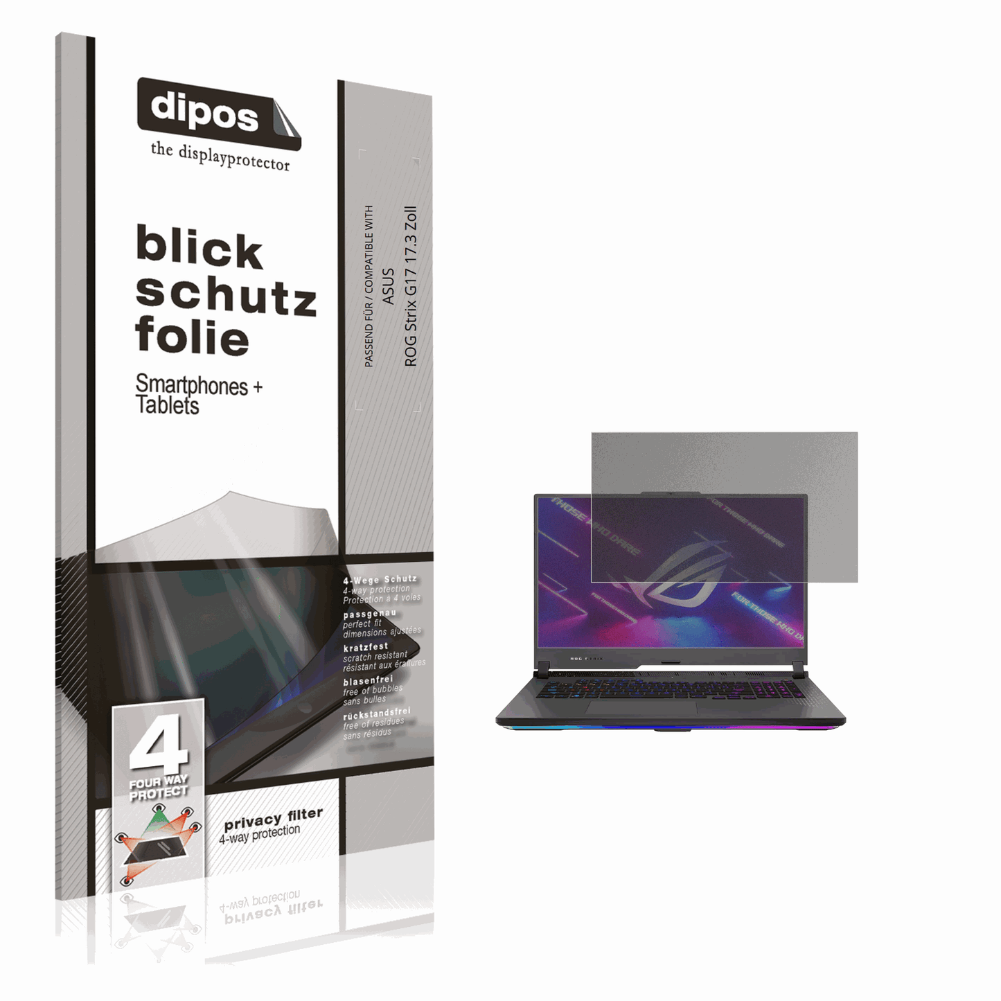 Blickschutzfolie von dipos passend für ASUS ROG Strix G17 17.3 Zoll, präziser Zuschnitt und blasenfrei montiert
