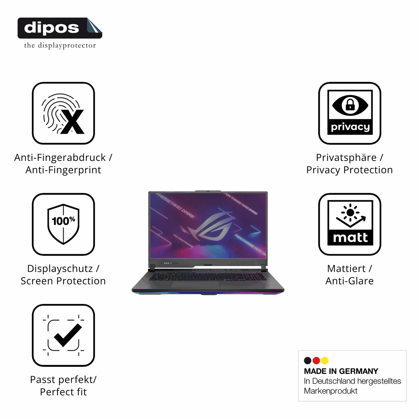 Privatsphäre-Schutz durch Sichtschutz-Folie passend zugeschnitten für ASUS ROG Strix G17 17.3 Zoll
