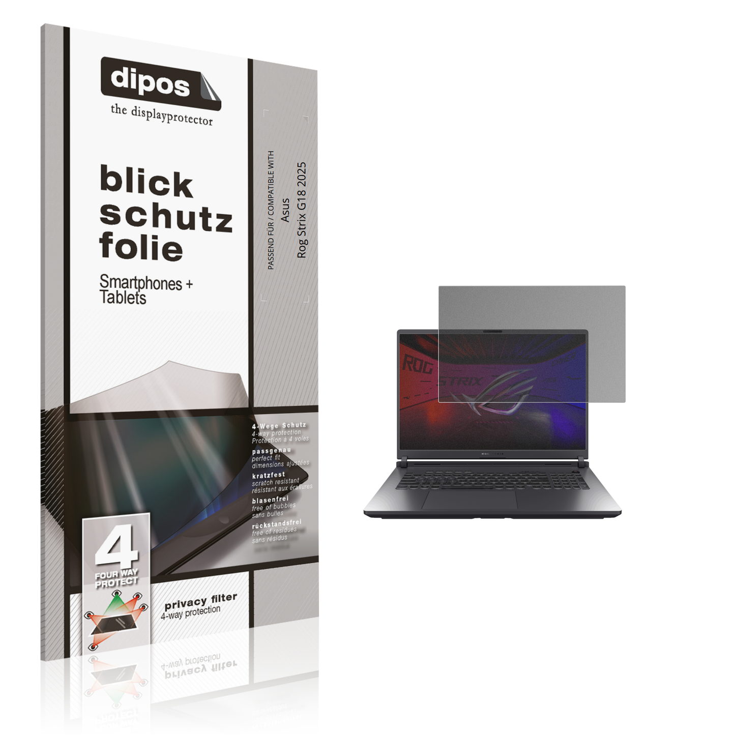 Blickschutzfolie von dipos passend für Asus Rog Strix G18 2025, präziser Zuschnitt und blasenfrei montiert