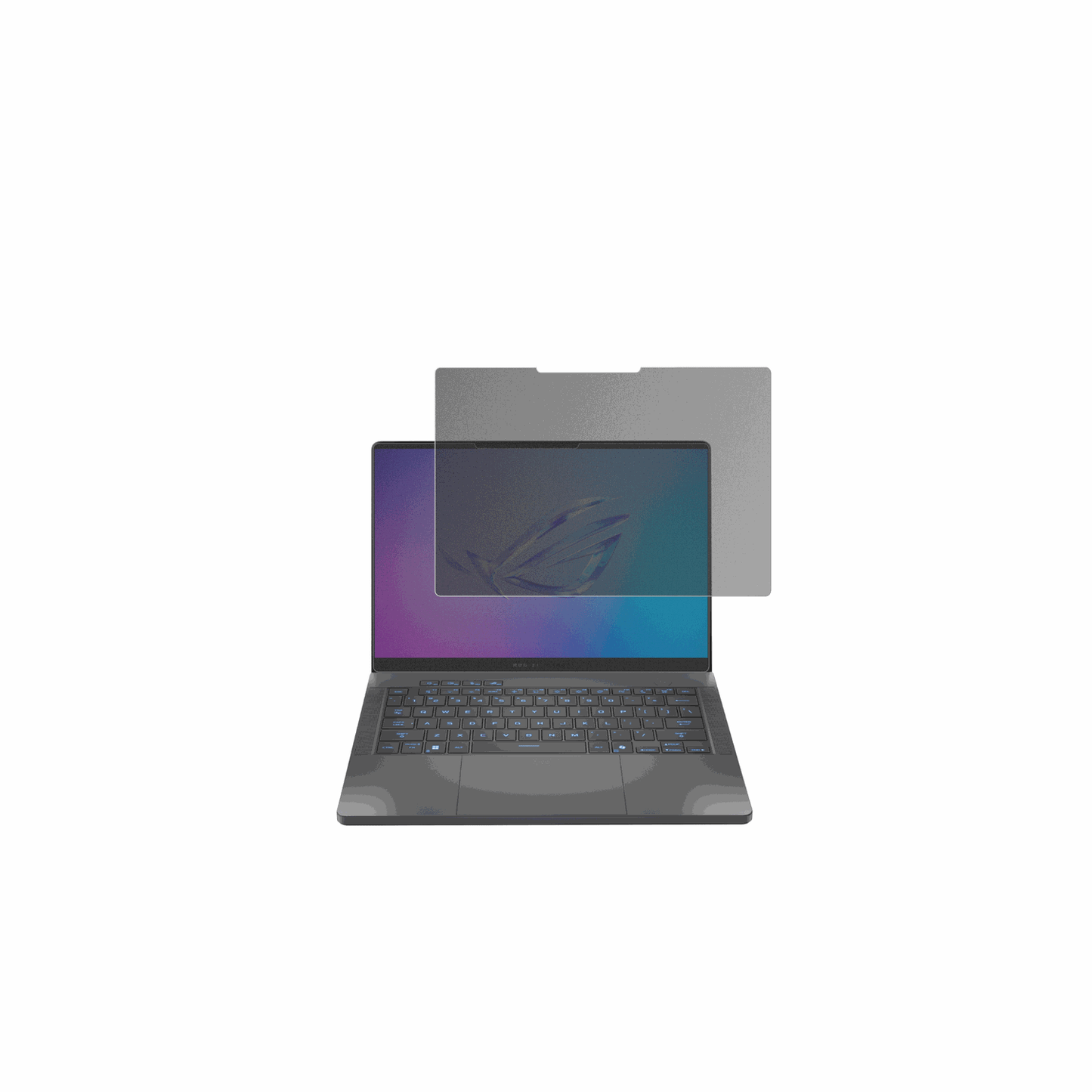 ASUSRog Zephyrus G14 2025 mit aufgebrachtem dipos Displayschutz, der seitliche Einblicke blockiert