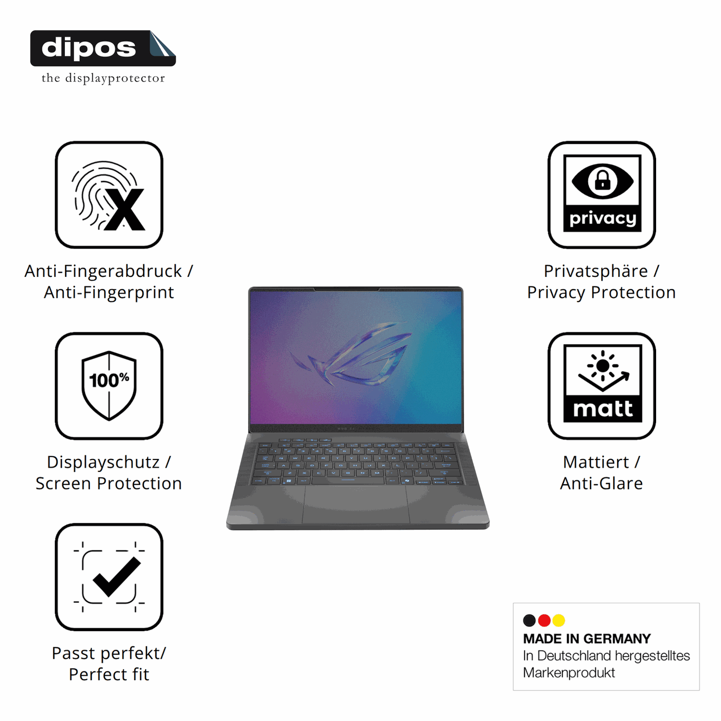Privatsphäre-Schutz durch Sichtschutz-Folie passend zugeschnitten für ASUS Rog Zephyrus G14 2025