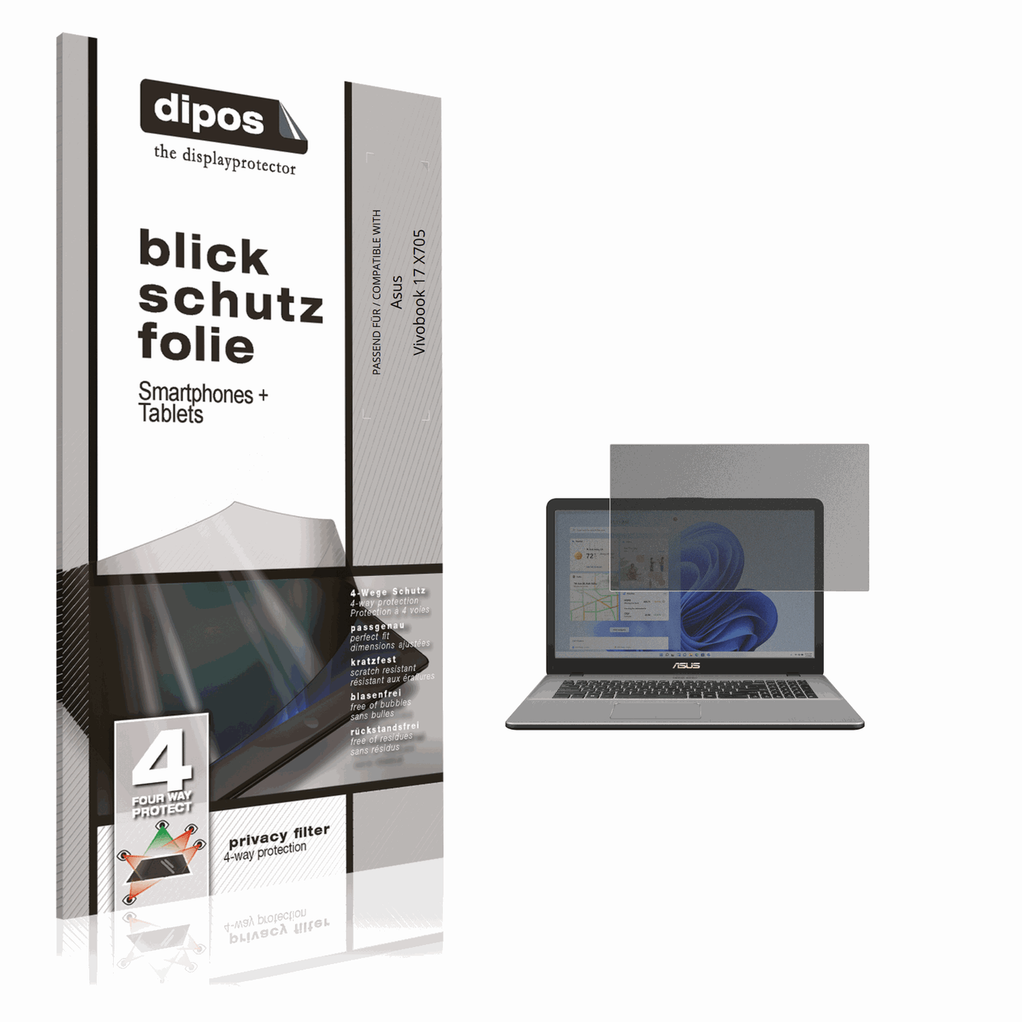 Blickschutzfolie von dipos passend für Asus Vivobook 17 X705, präziser Zuschnitt und blasenfrei montiert