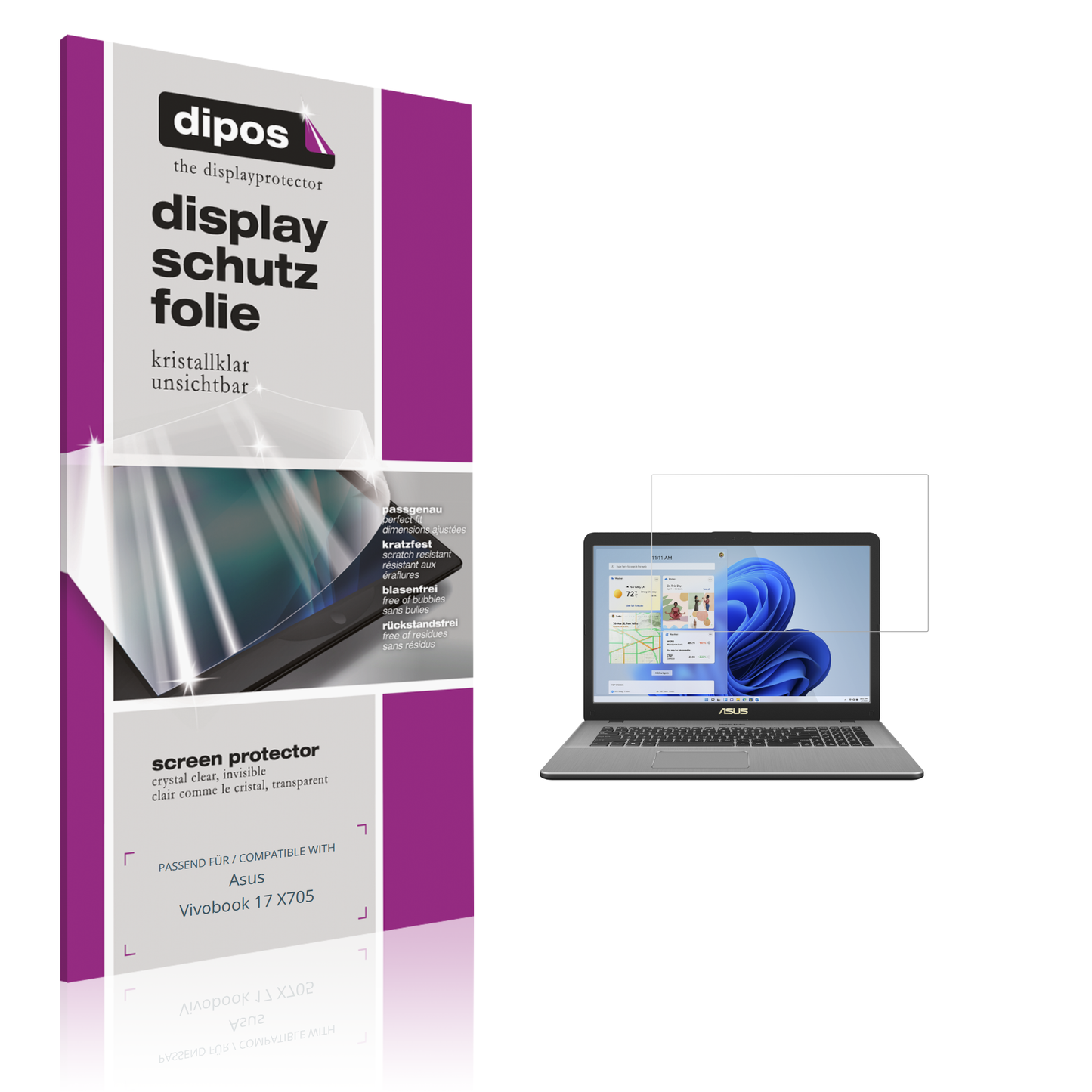 Klare Displayschutzfolie von dipos passend für Asus Vivobook 17 X705, präziser Zuschnitt und blasenfrei montiert