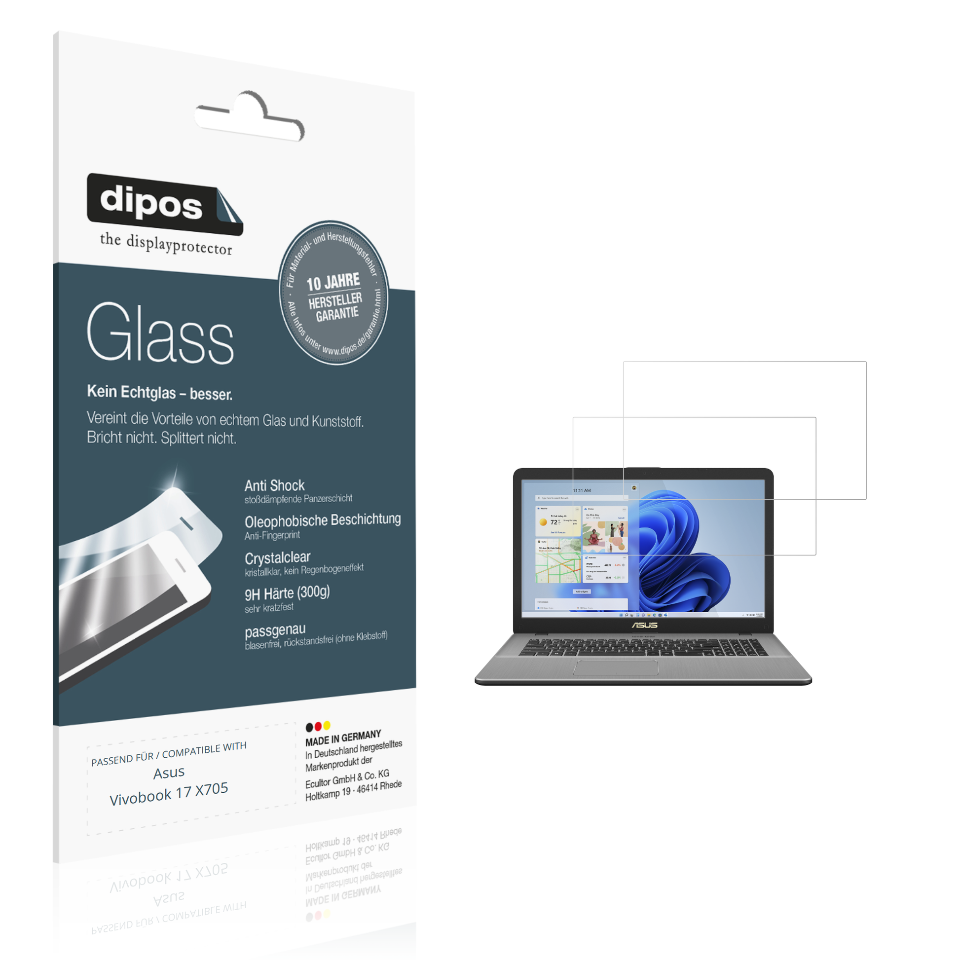 Klare Displayschutzfolie von dipos passend für Asus Vivobook 17 X705, 9H kratzfest und blasenfrei montiert