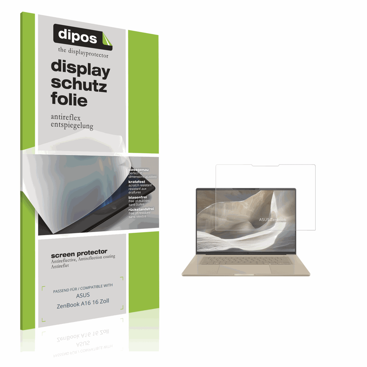 Matte Displayschutzfolie von dipos passend für ASUS ZenBook A16 16 Zoll, präziser Zuschnitt und blasenfrei montiert