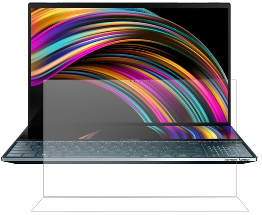 AsusZenBook Pro Duo mit aufgebrachter dipos Panzerfolie, die lästige Fingerabdrücke minimiert