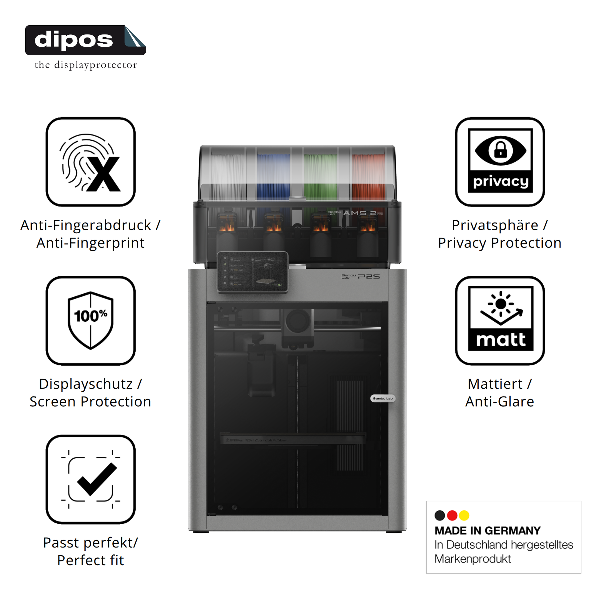 Privatsphäre-Schutz durch Sichtschutz-Folie passend zugeschnitten für Bambu Lab P2S 3D Printer