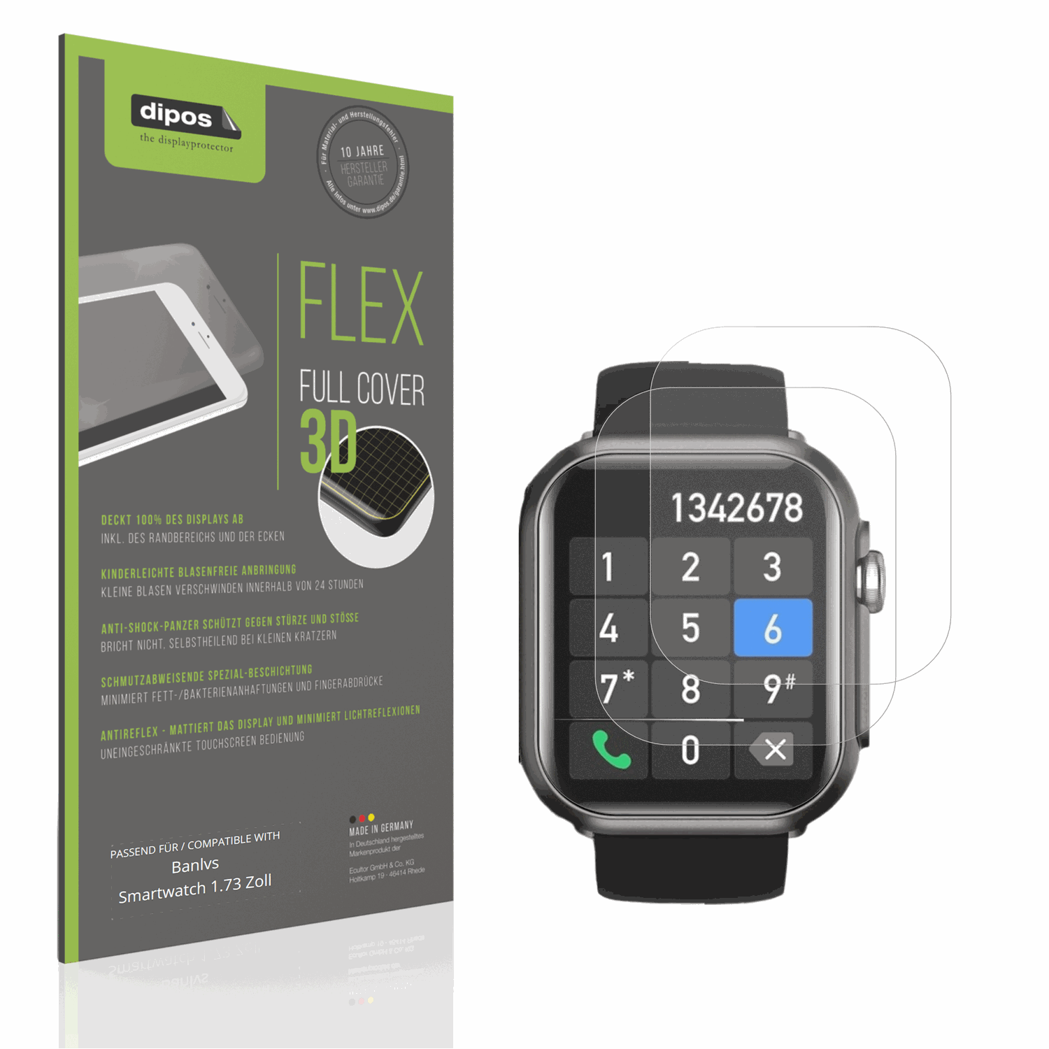 Matte Displayschutzfolie von dipos passend für Banlvs Smartwatch 1.73 Zoll, 100% Displayabdeckung und blasenfreie Montage