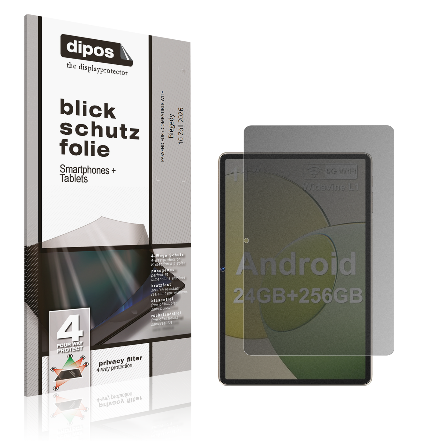 Blickschutzfolie von dipos passend für Biegedy 10 Zoll 2026, präziser Zuschnitt und blasenfrei montiert