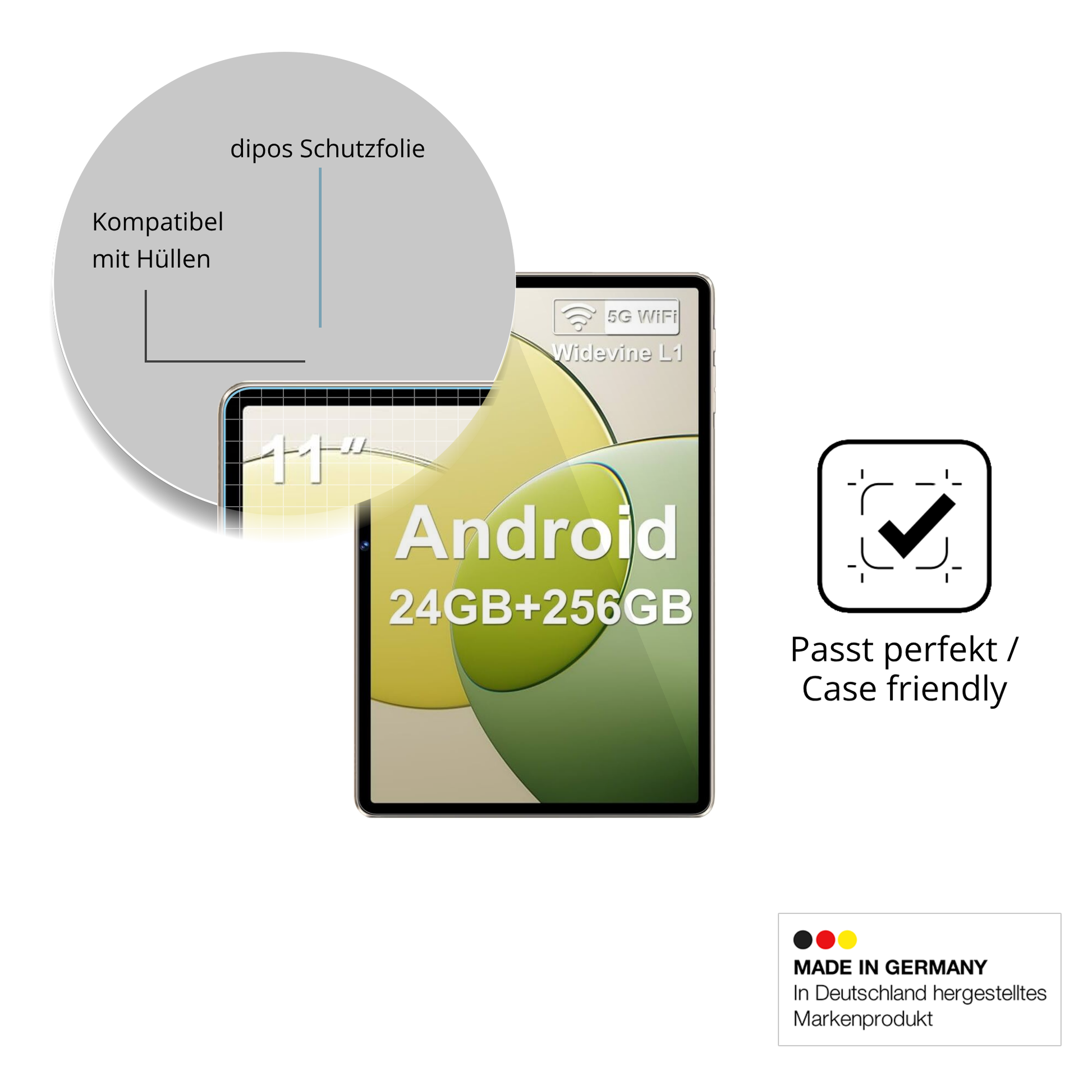 Schutzfolie mit optimaler Passform, zur Verwendung mit Hüllen geeignet