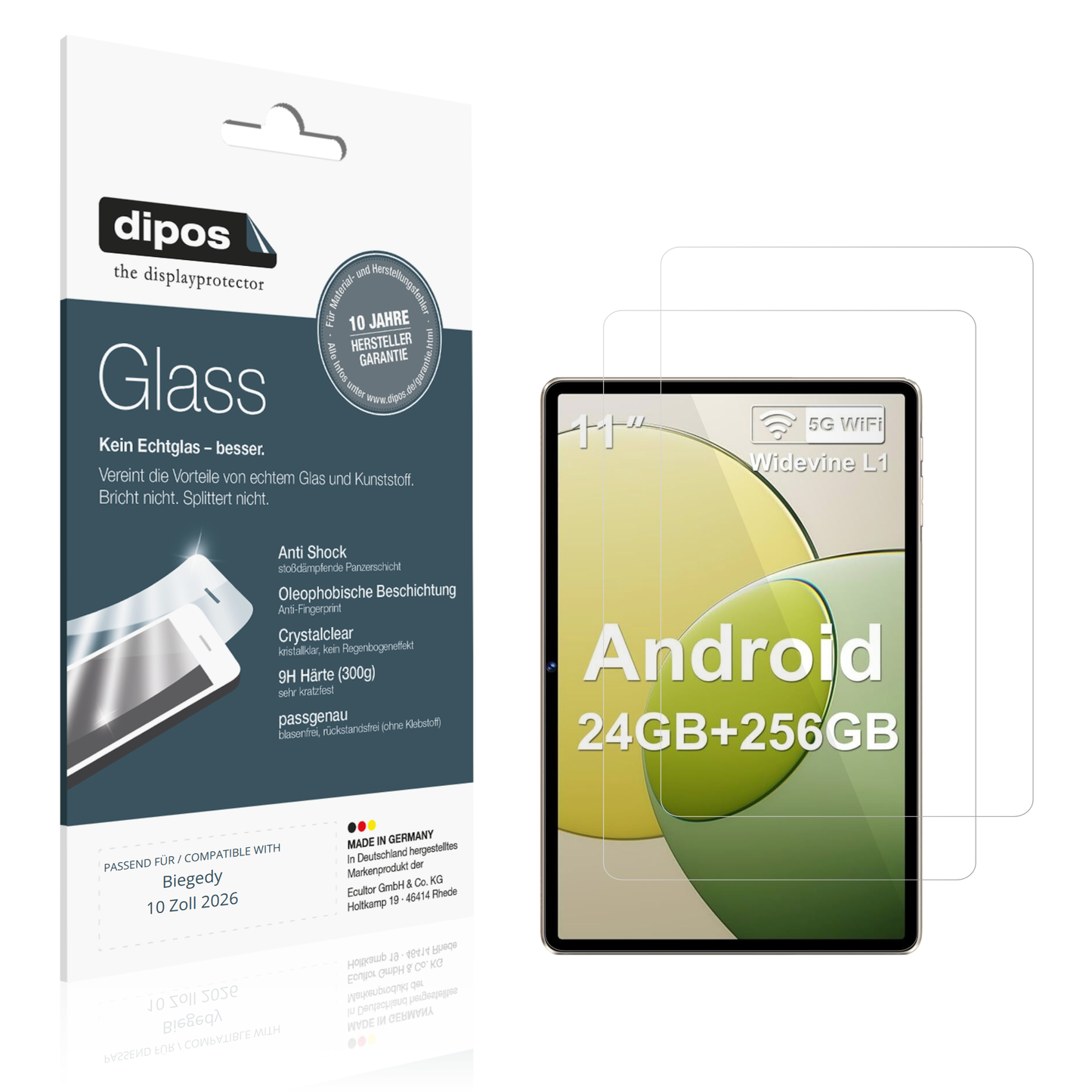 Klare Displayschutzfolie von dipos passend für Biegedy 10 Zoll 2026, 9H kratzfest und blasenfrei montiert