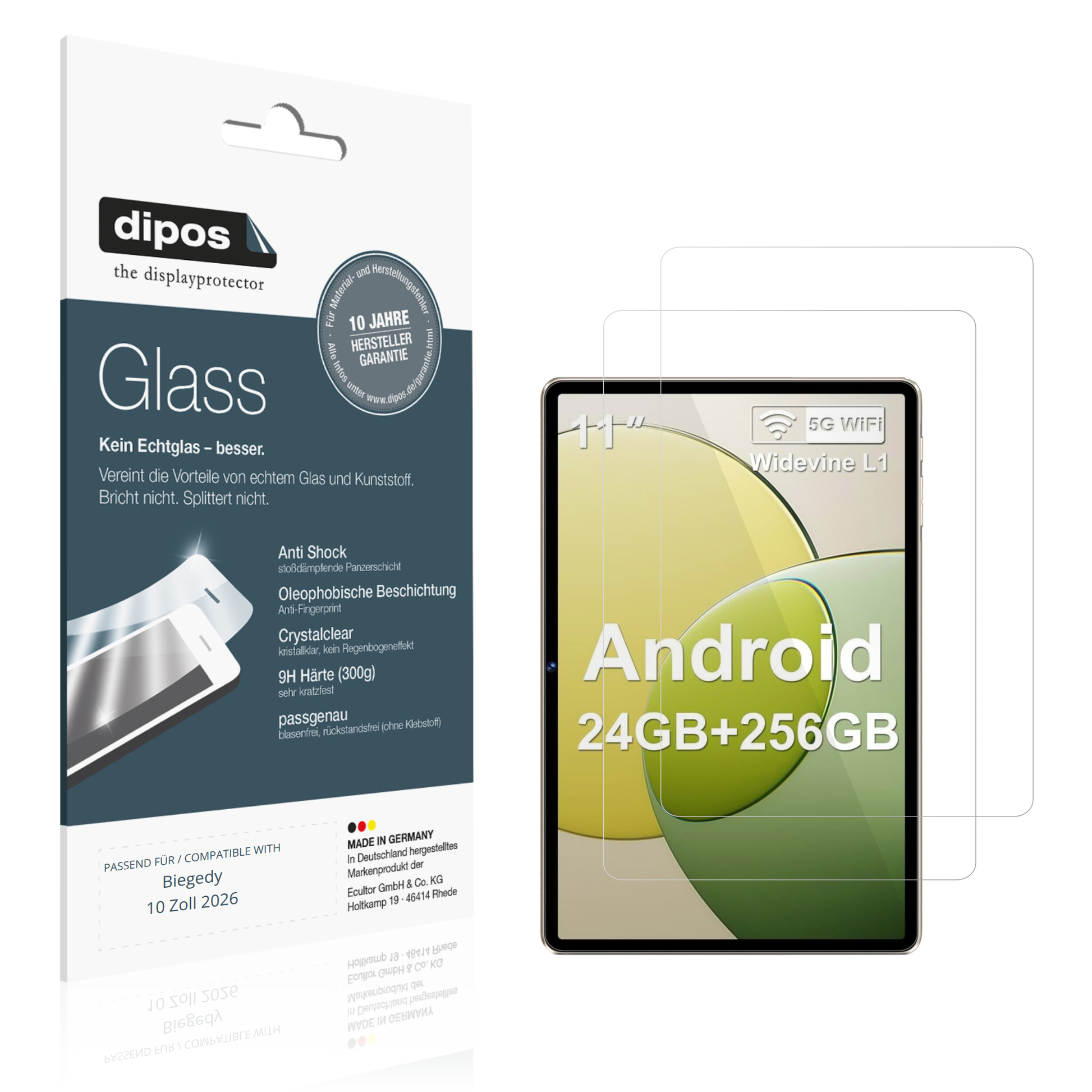 Klare Displayschutzfolie von dipos passend für Biegedy 10 Zoll 2026, 9H kratzfest und blasenfrei montiert