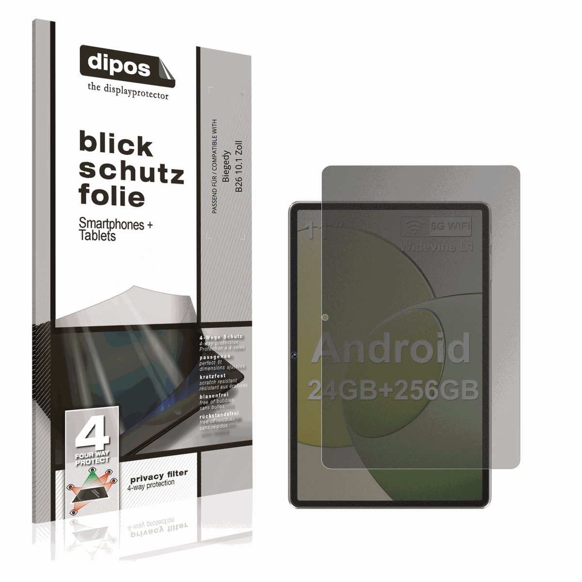 Blickschutzfolie von dipos passend für Biegedy B26 10.1 Zoll, präziser Zuschnitt und blasenfrei montiert