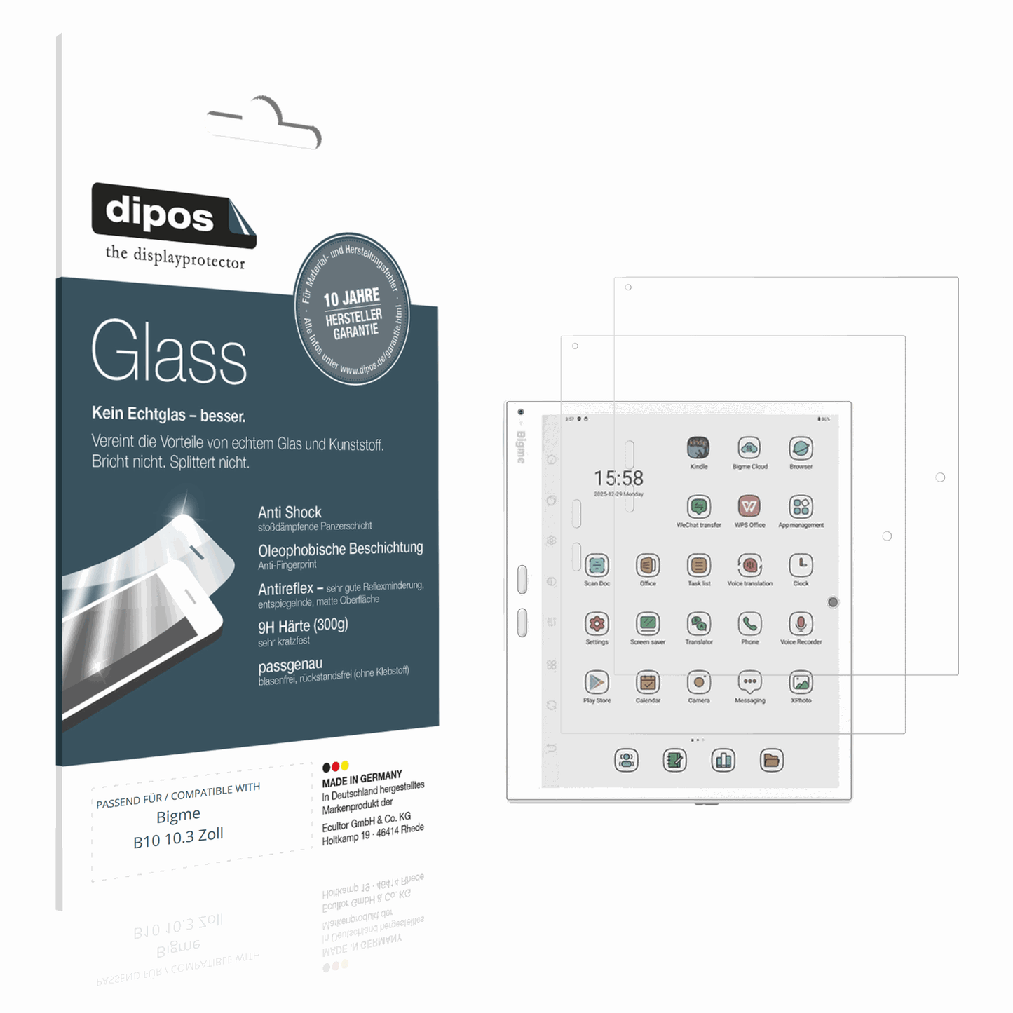 Matte Displayschutzfolie von dipos passend für Bigme B10 10.3 Zoll, 9H kratzfest und blasenfrei montiert
