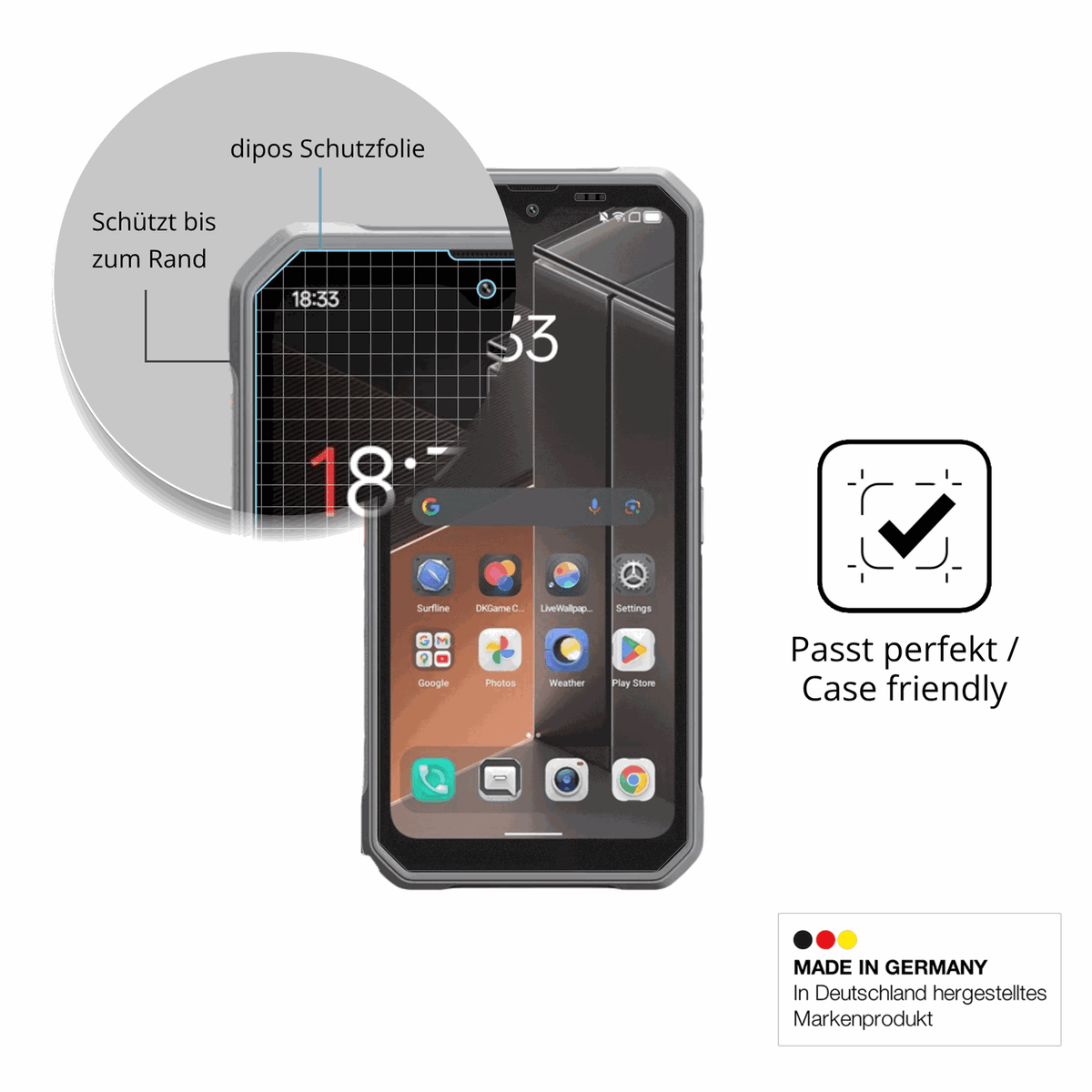 Schutzglasfolie mit optimaler Passform, zur Verwendung mit Hüllen geeignet